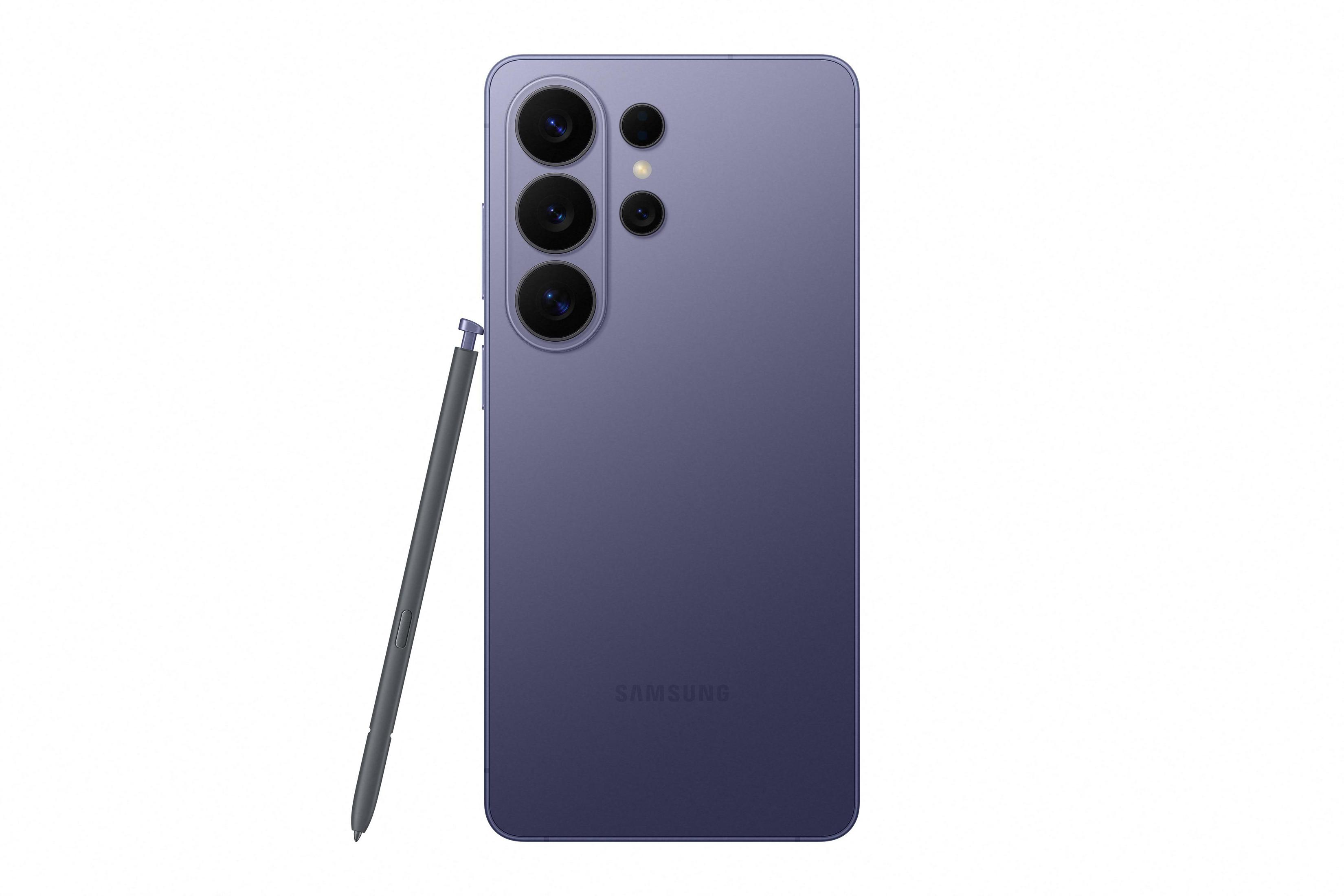 Ein violettes Smartphone mit Stift liegt daneben. Die Rückseite hat vier Kameras.