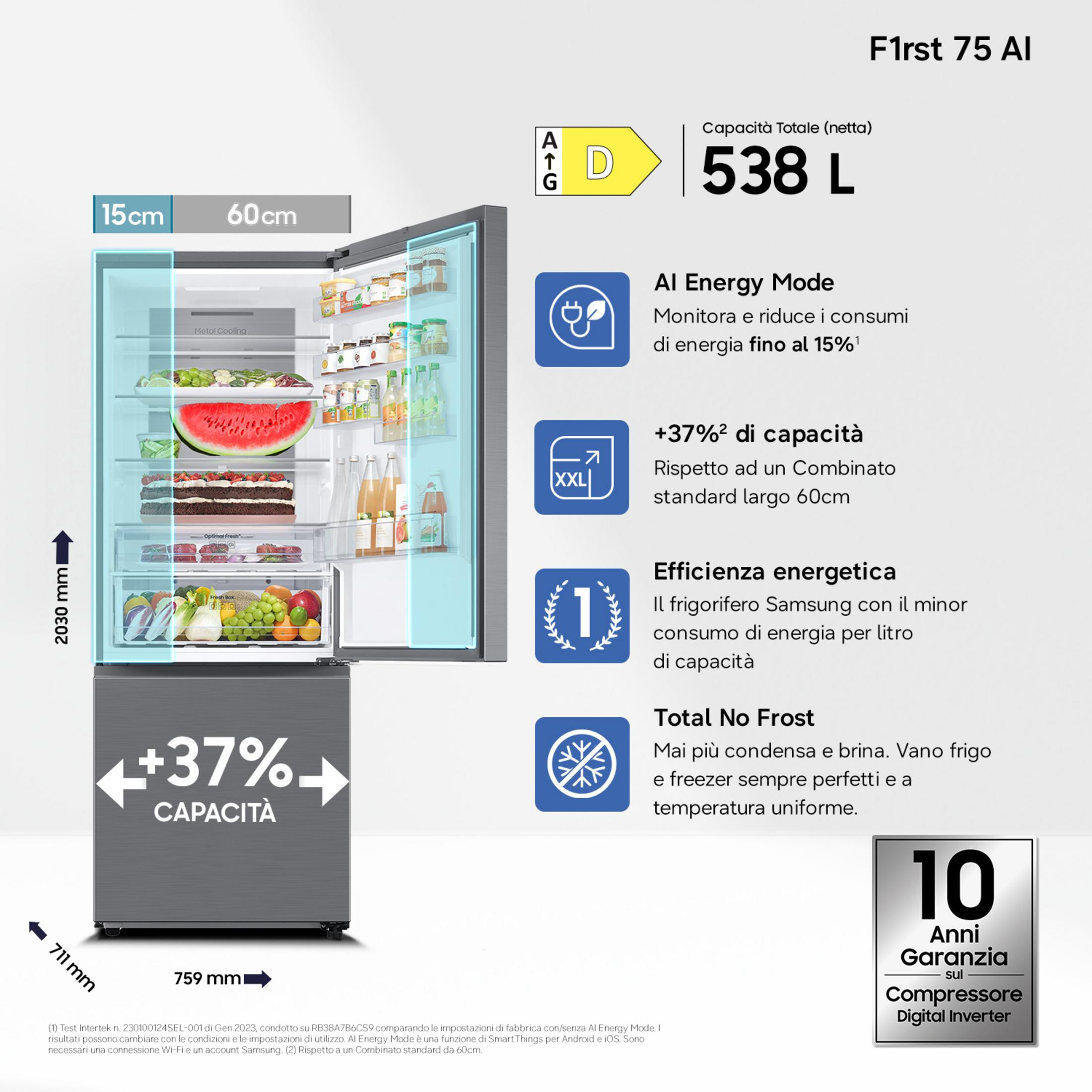 Un réfrigérateur Samsung F1rst 75 Al d'une capacité de 538L avec des fonctionnalités d'efficacité énergétique.