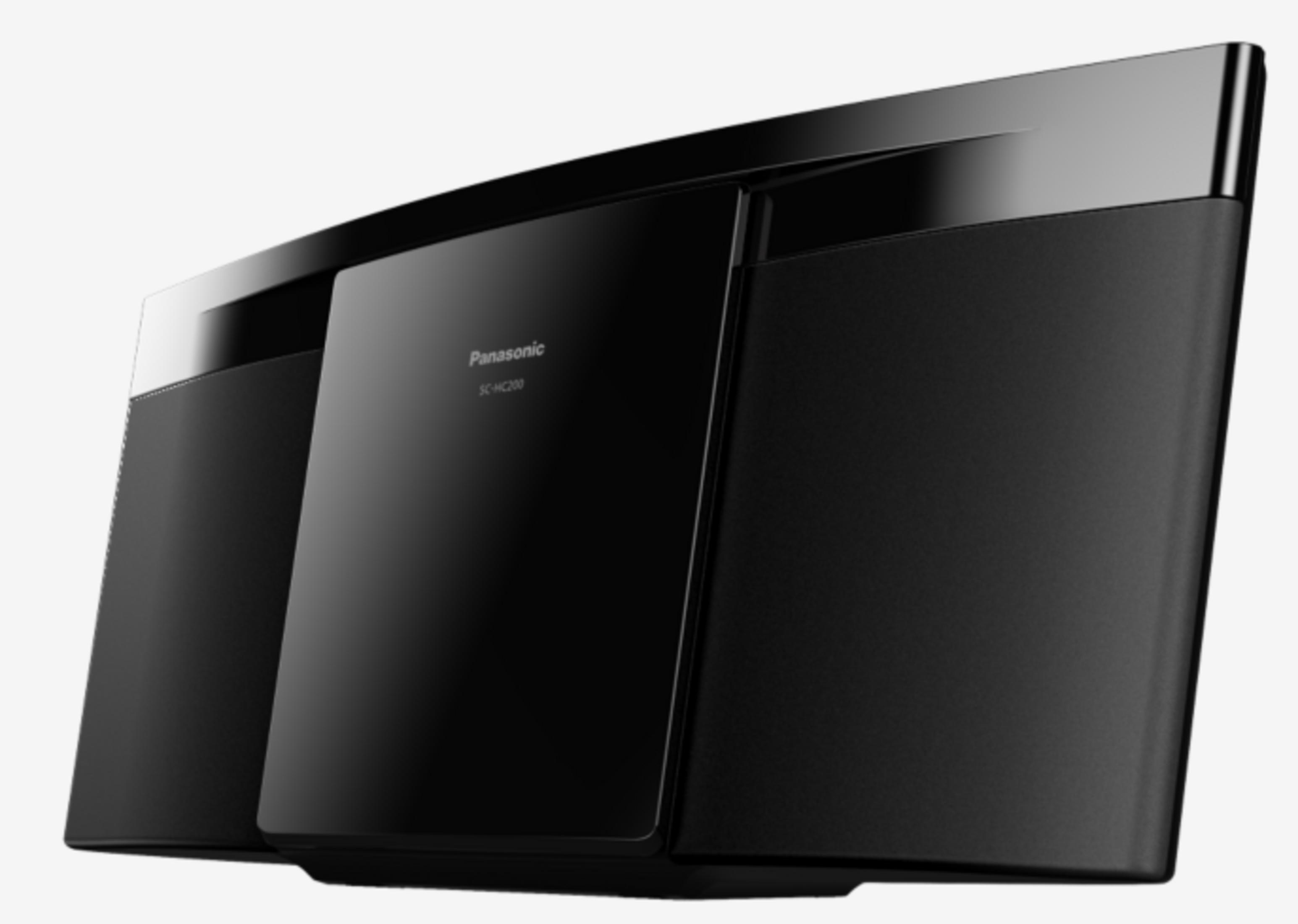Lettore CD Panasonic nero con parte superiore curva e due altoparlanti.
