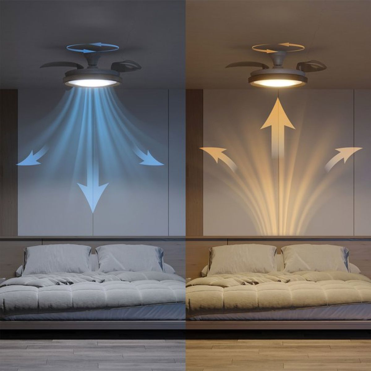 Ventilatore da soffitto con luce, modalità di raffreddamento e riscaldamento sopra un letto.