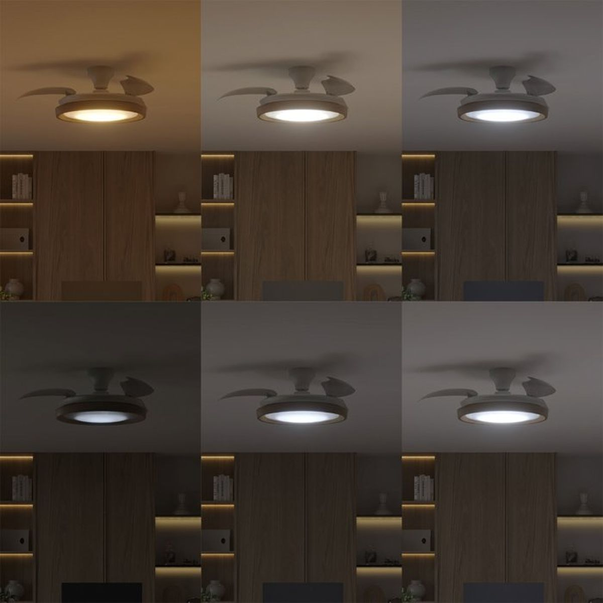 Ventilatore da soffitto con luce integrata mostrato in diverse impostazioni di luminosità.