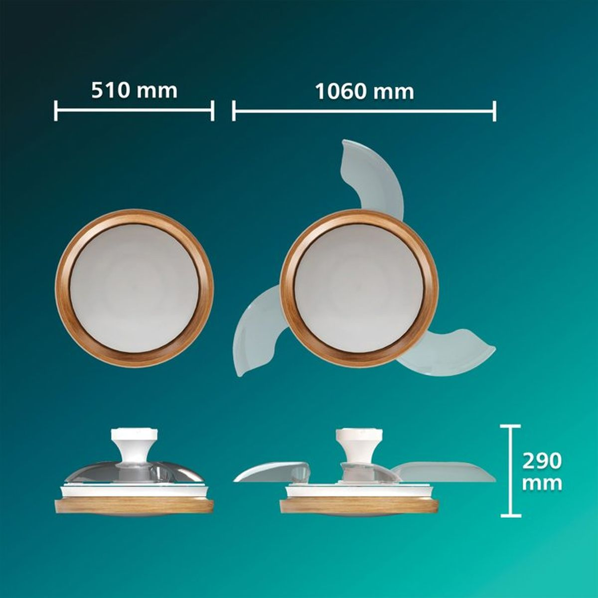 Ventilatori da soffitto con cornici in legno e pale trasparenti, dimensioni 510/1060 mm, altezza 290 mm.