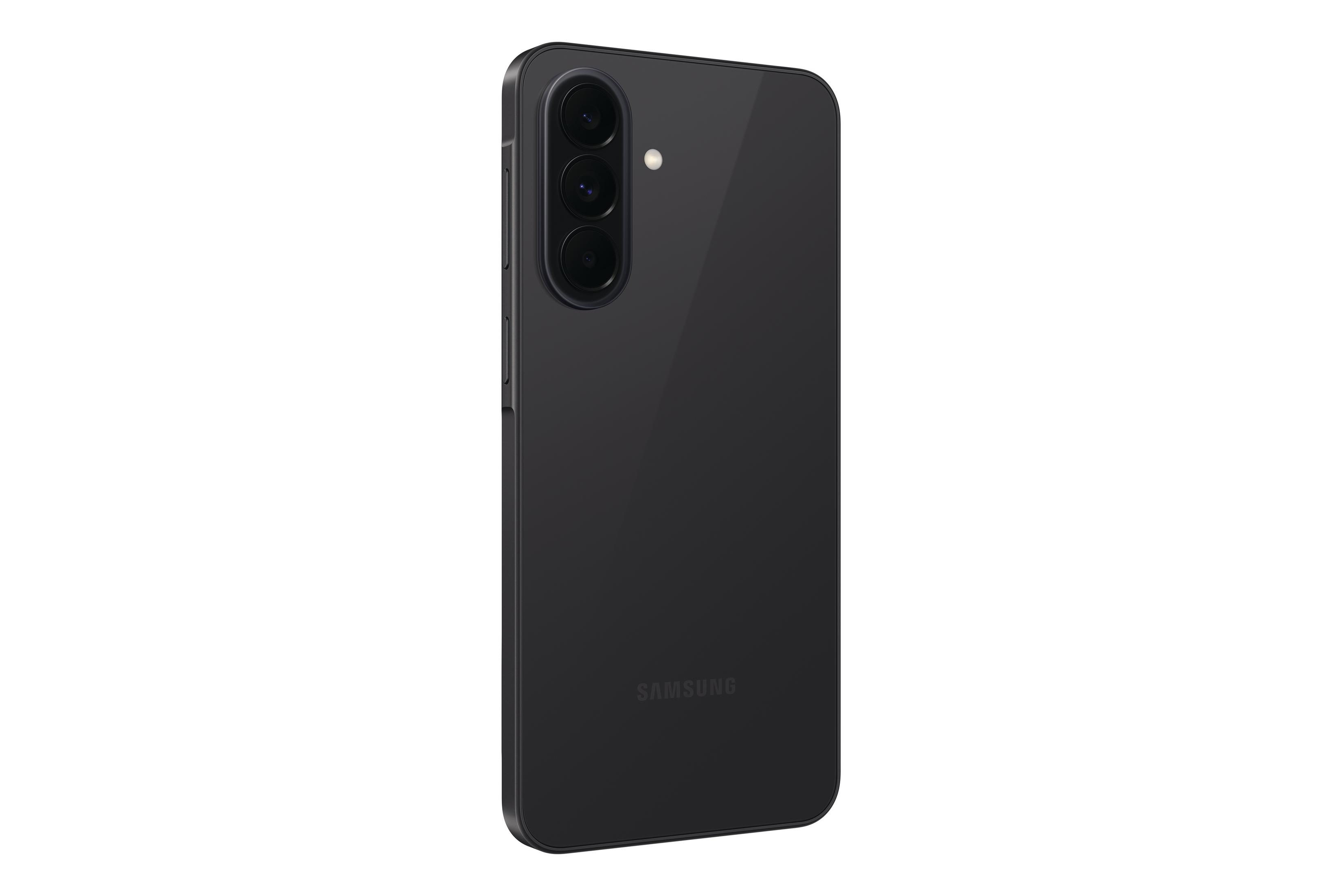 Rückseite eines schwarzen Samsung Smartphones mit drei Kameras und Blitz.