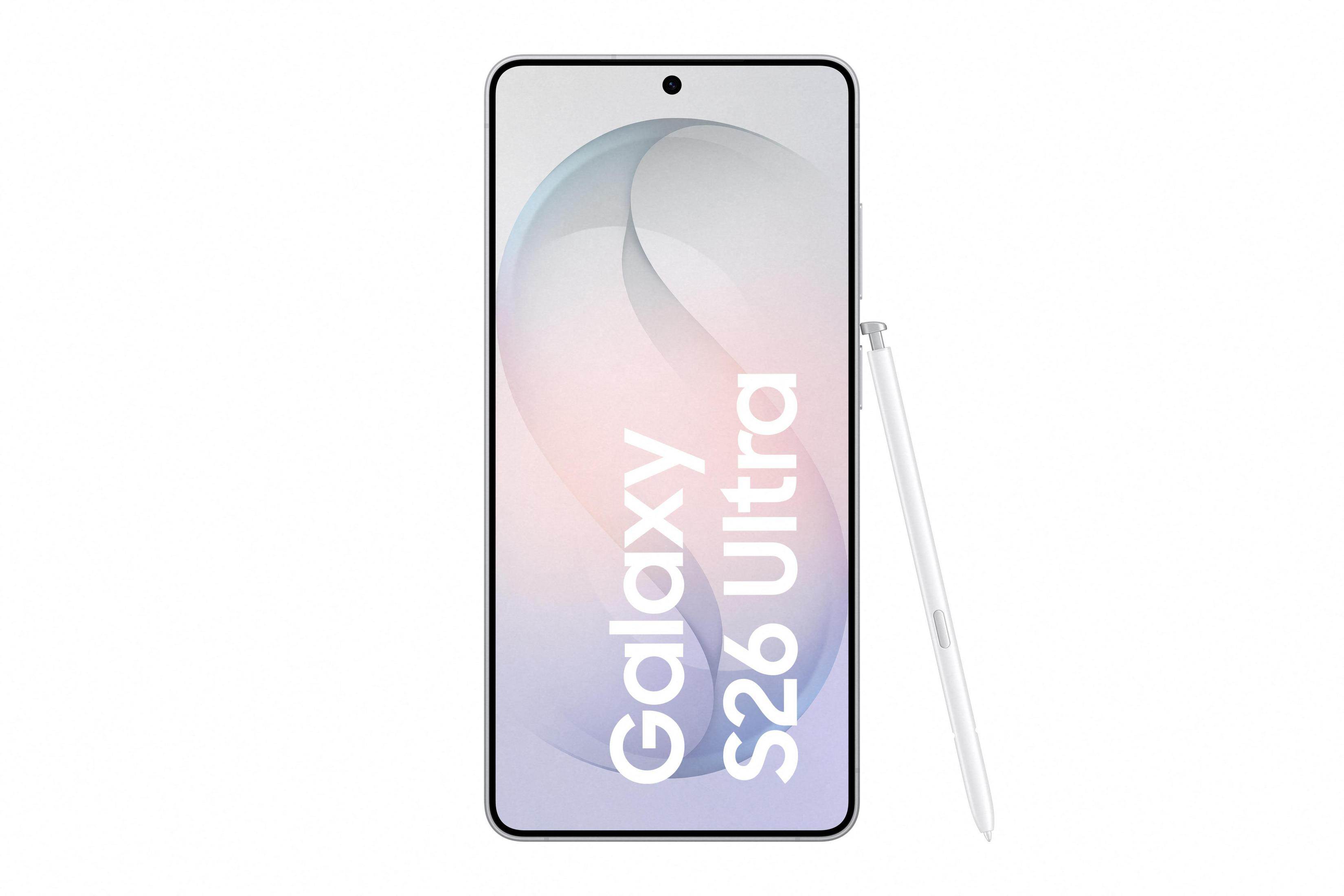 Ein weißes Smartphone mit S Pen, das Galaxy S26 Ultra wird angezeigt.
