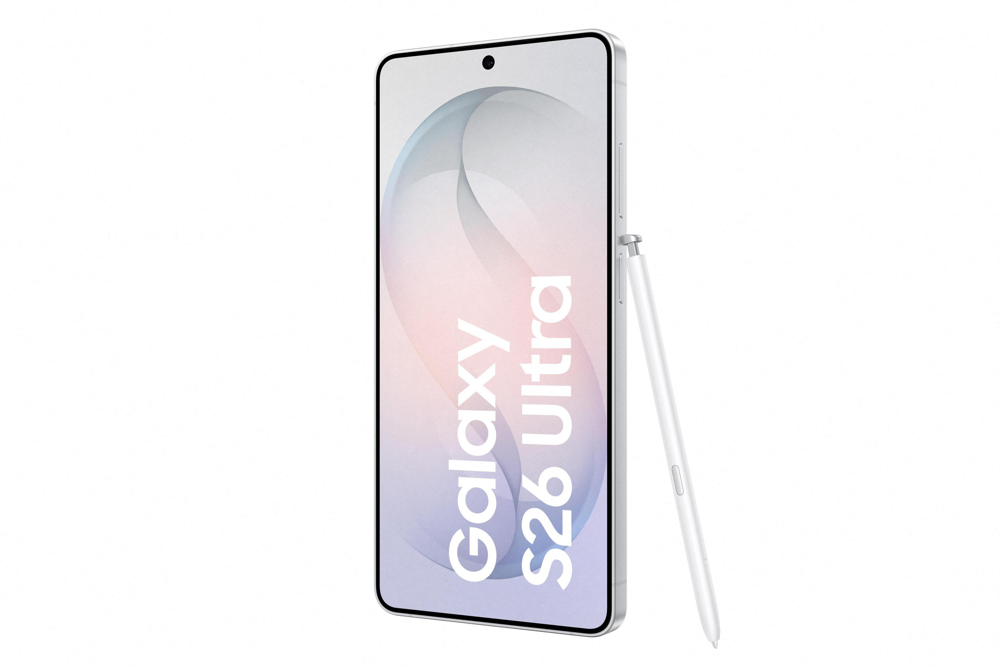 Ein weißes Smartphone mit Stift, auf dem „Galaxy S26 Ultra“ steht.