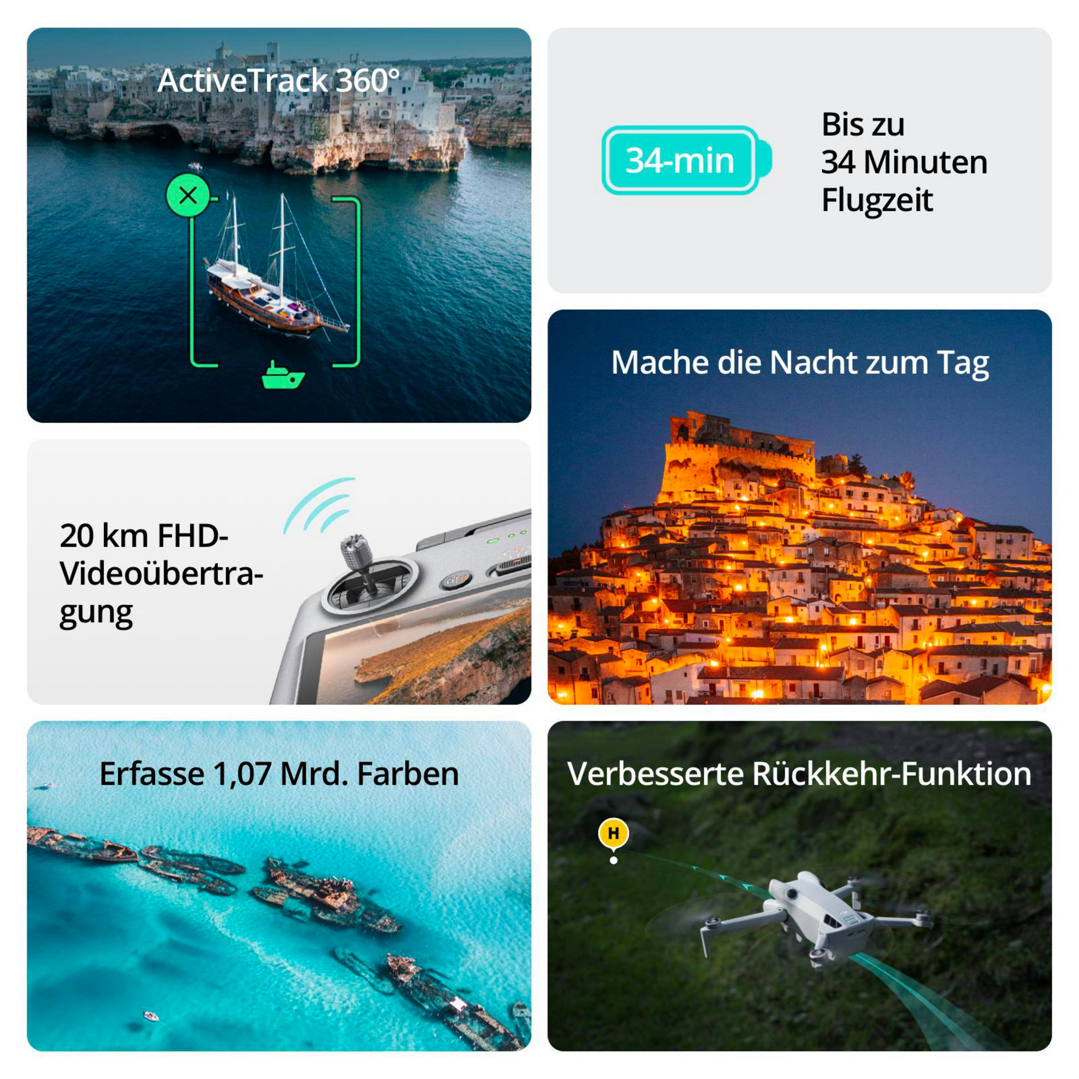 Drohnen-Funktionen: ActiveTrack, 34-min Flugzeit, 20km FHD, Nachtaufnahme, Farbwiedergabe, Rückkehr