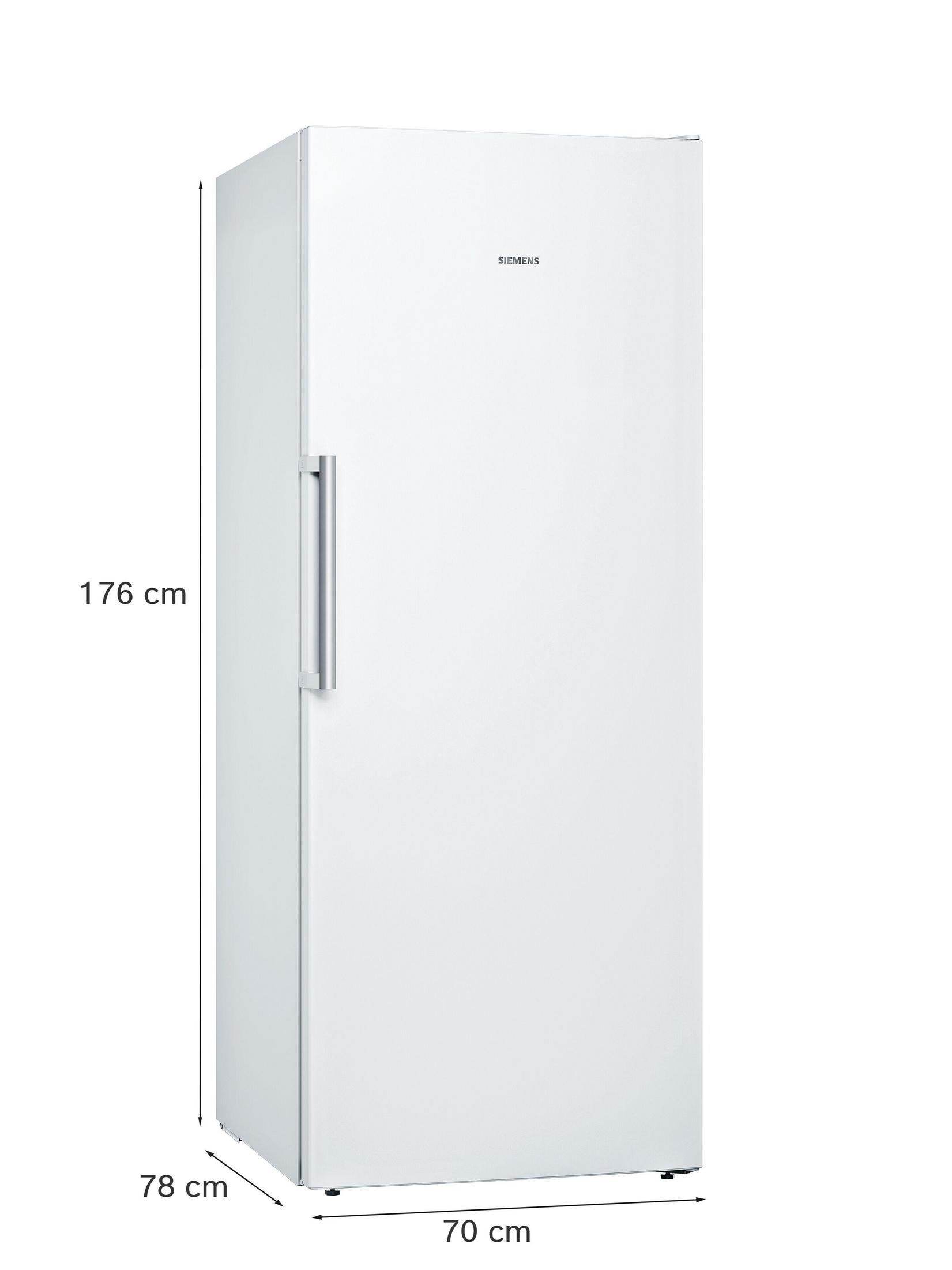 Ein weißer Siemens Kühlschrank mit silbernem Griff, 176 cm hoch.