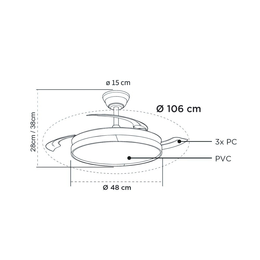 Dibujo técnico de un ventilador de techo con dimensiones de diámetro y altura.