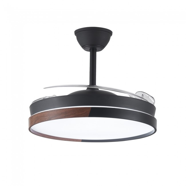 Ventilador de techo negro con detalles de madera y luz LED.