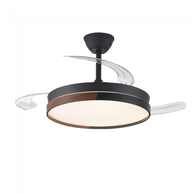 Ventilador de techo negro con detalles de madera y luz LED.