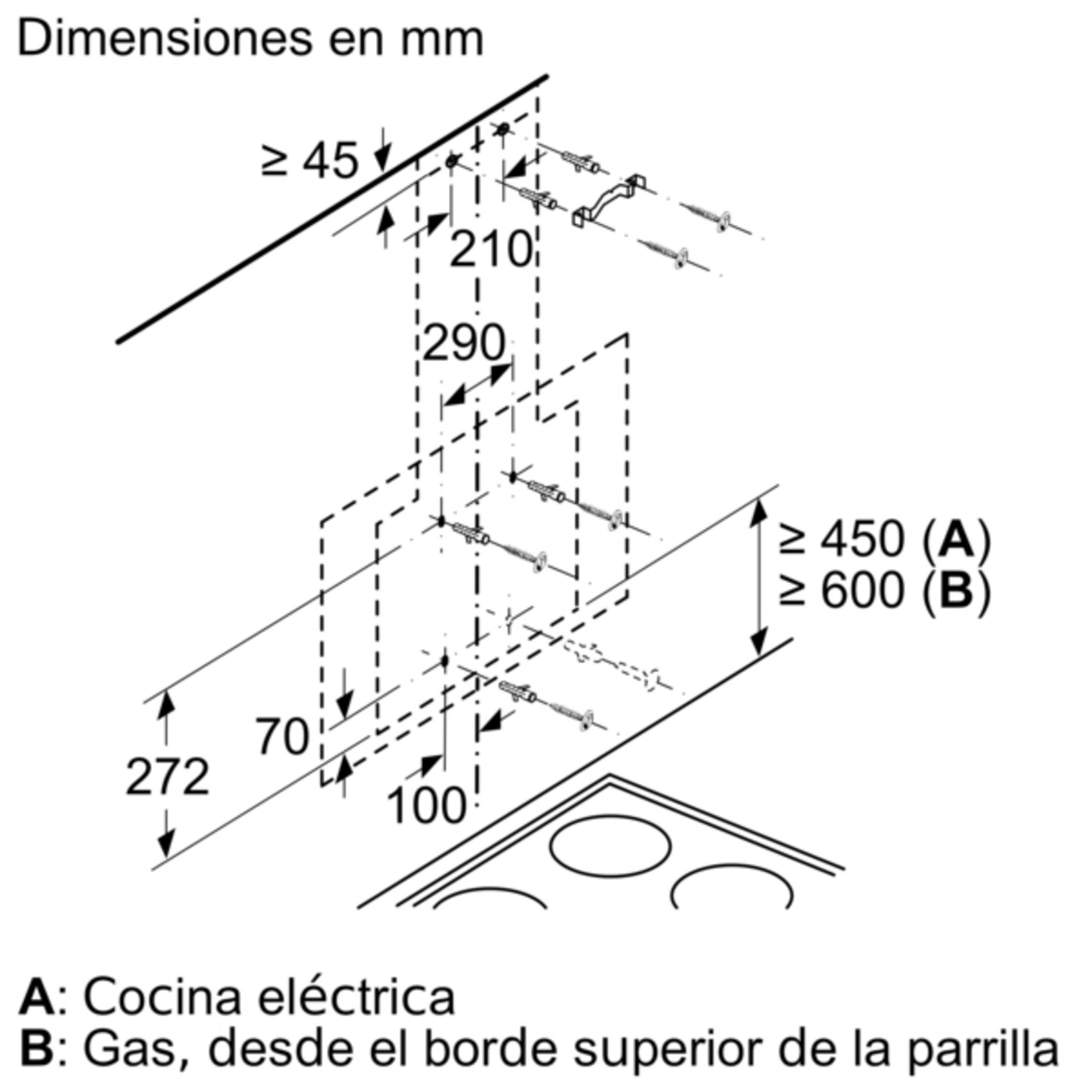 Diagrama de instalación con dimensiones para montaje de placa.