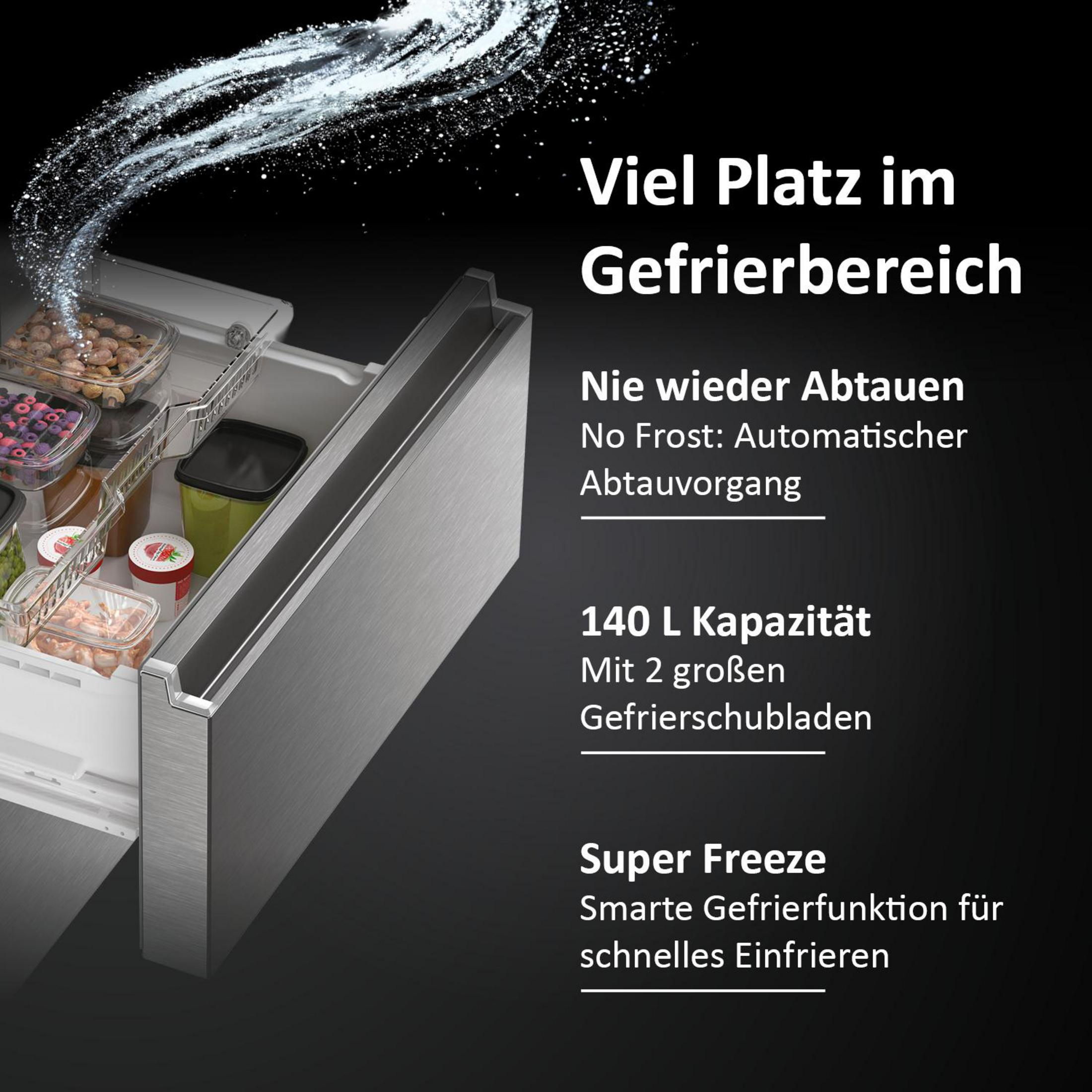 Edelstahl-Gefrierschrank mit vielen Lebensmitteln und Frost-Symbol.