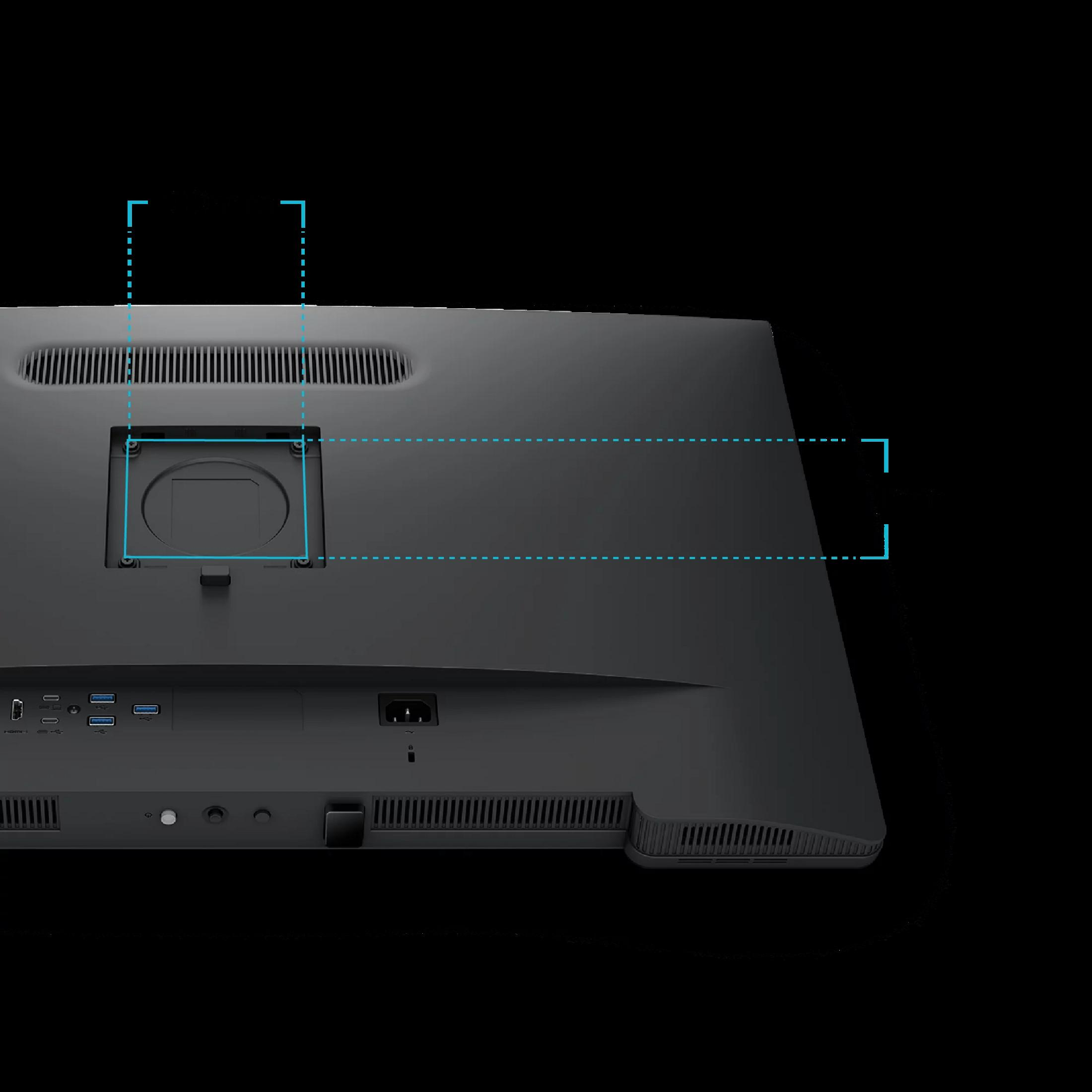 Parte trasera de un monitor negro con puertos, rejillas y área de montaje.