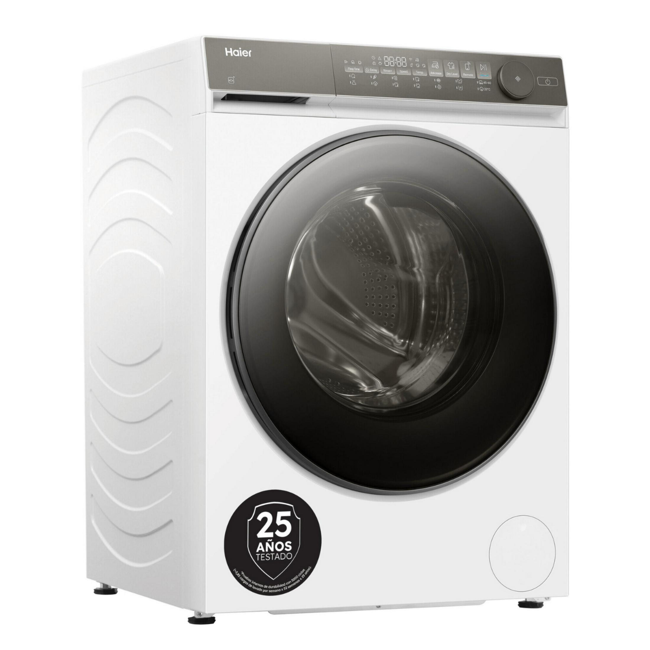 Una lavadora Haier blanca con puerta negra y panel de control plateado.