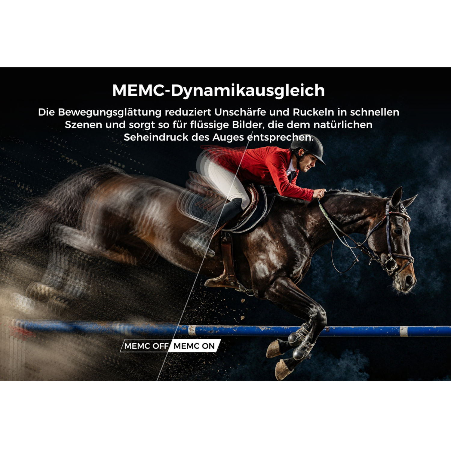 Ein Reiter in Rot springt mit einem Pferd über eine blaue Hürde.