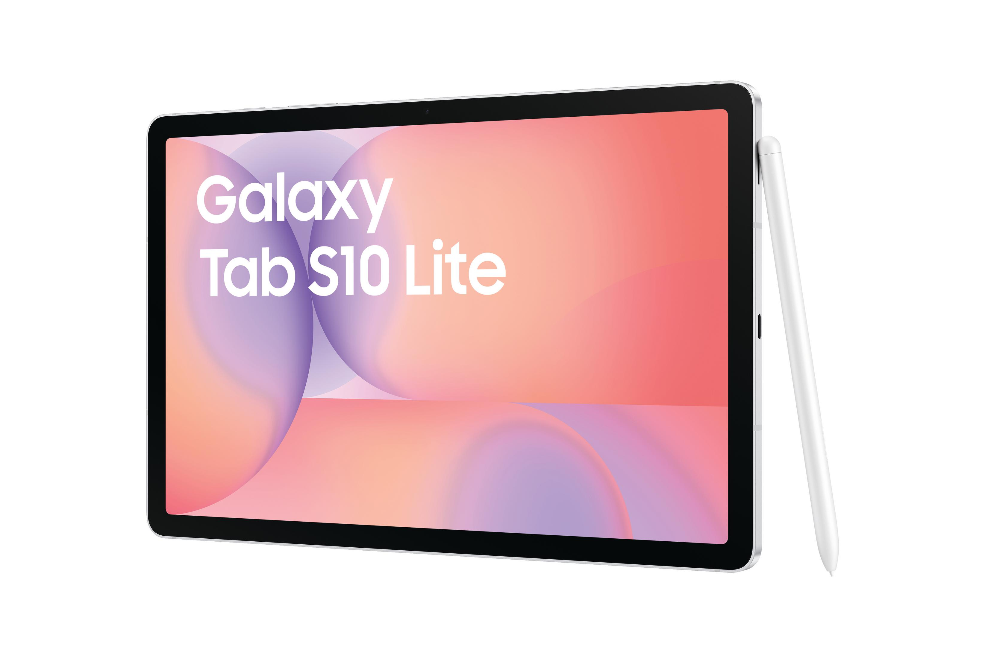 Une tablette blanche avec un stylet à côté, affichant Galaxy Tab S10 Lite.