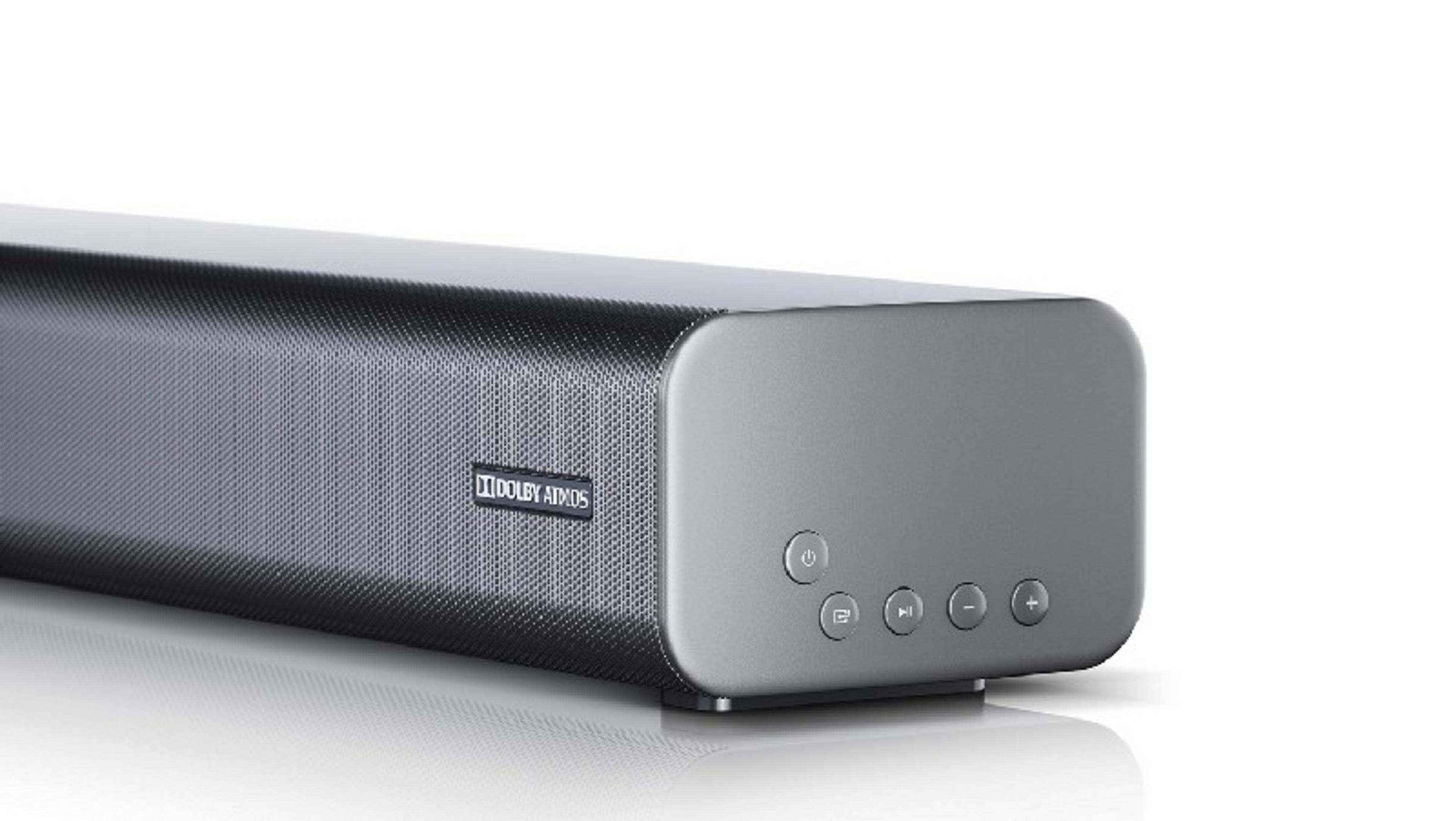 Barra de sonido gris Dolby Atmos con botones de control a la derecha.