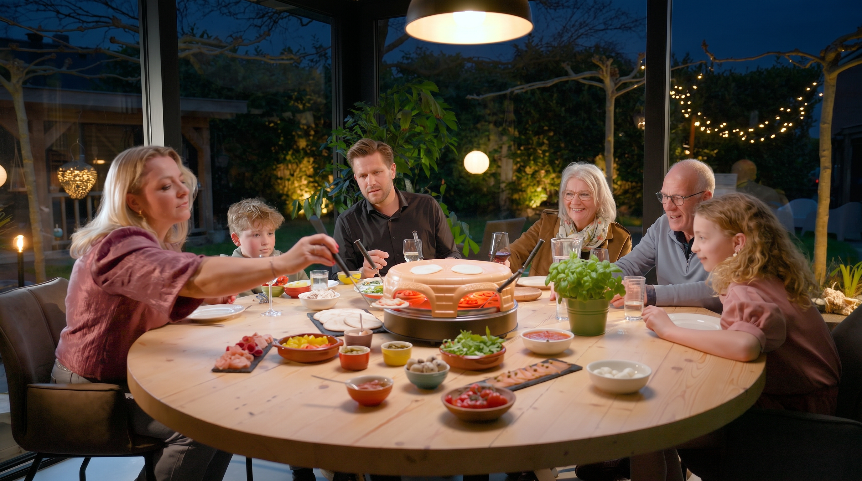 Eine Familie isst Raclette an einem runden Holztisch im Freien bei Nacht.