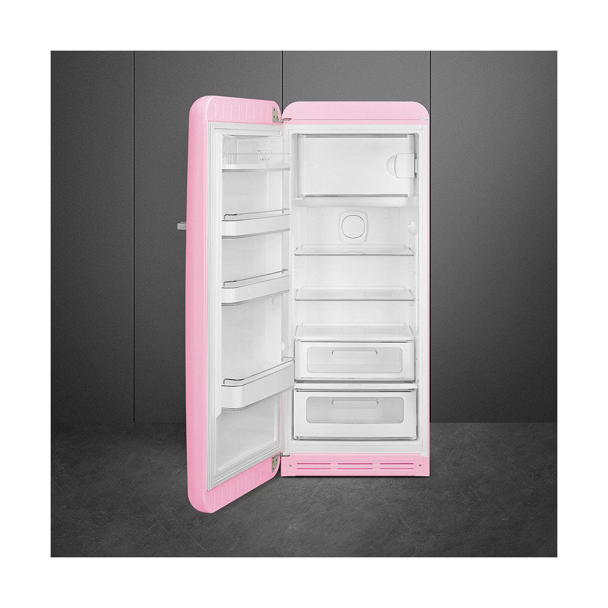 Un frigorífico abierto, rosa pastel, con estantes de cristal y cajones.