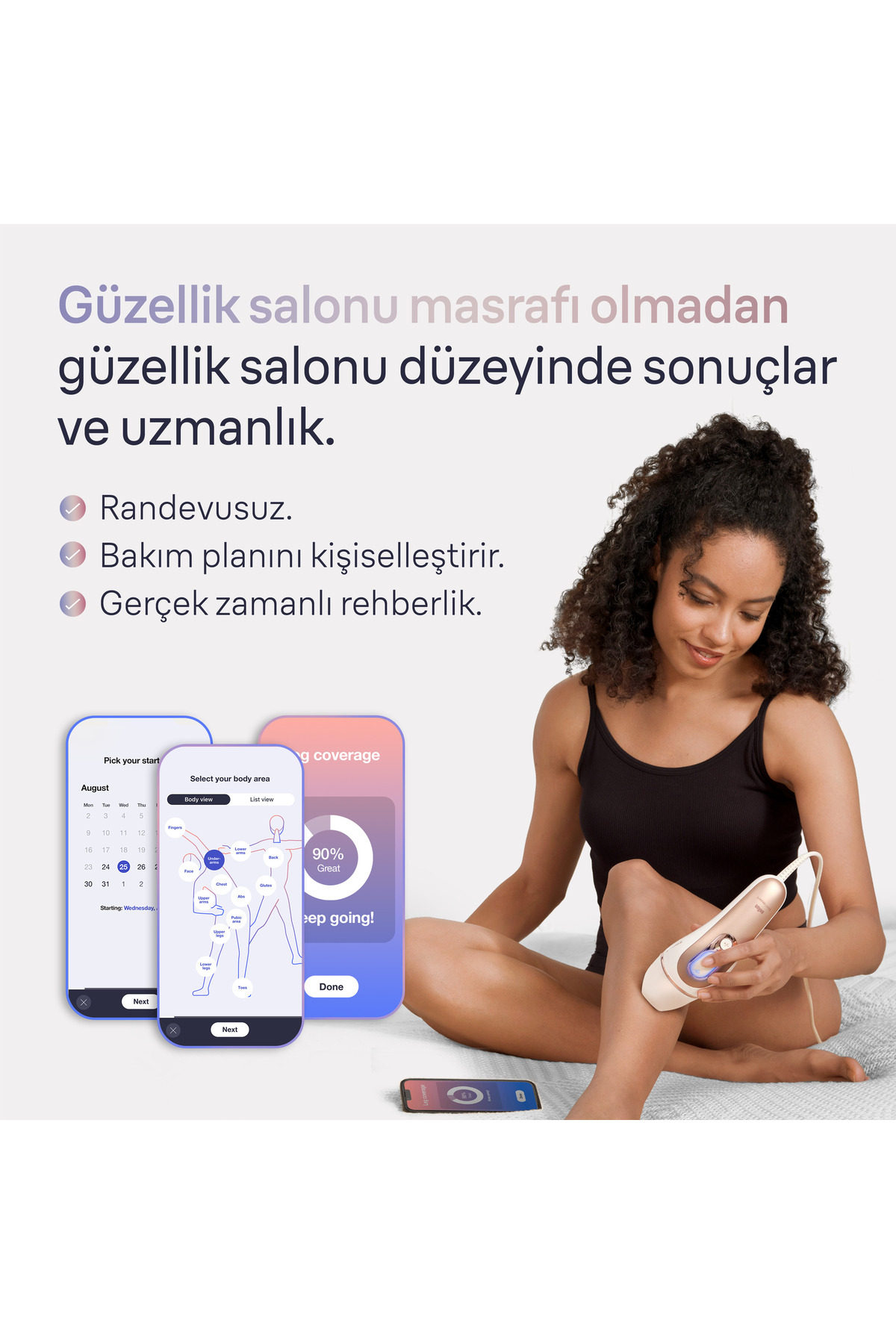 Kobieta używa depilatora IPL na nodze, telefon pokazuje aplikację.