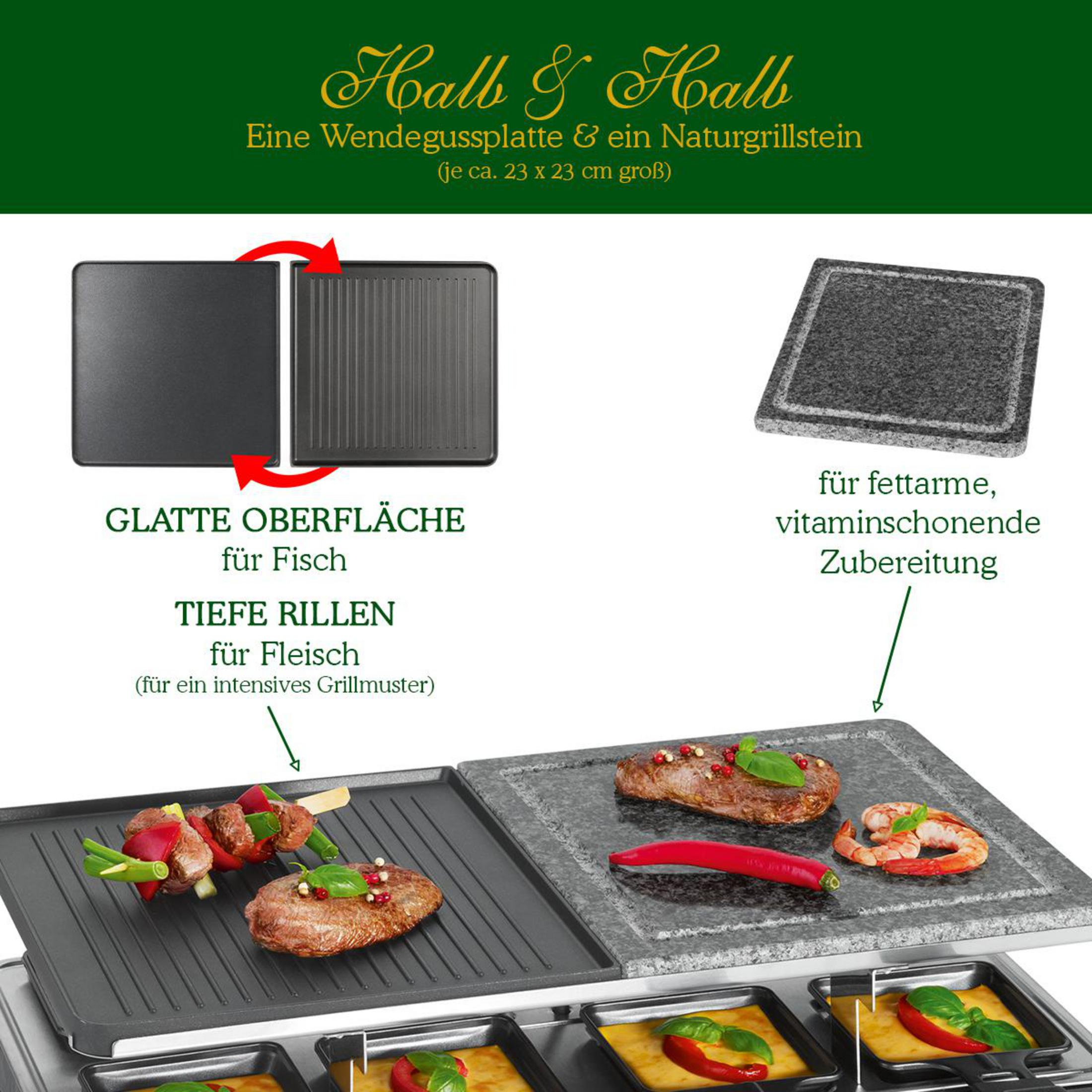 Plancha reversible: cara lisa para pescado, cara acanalada para carne y piedra de grill natural.