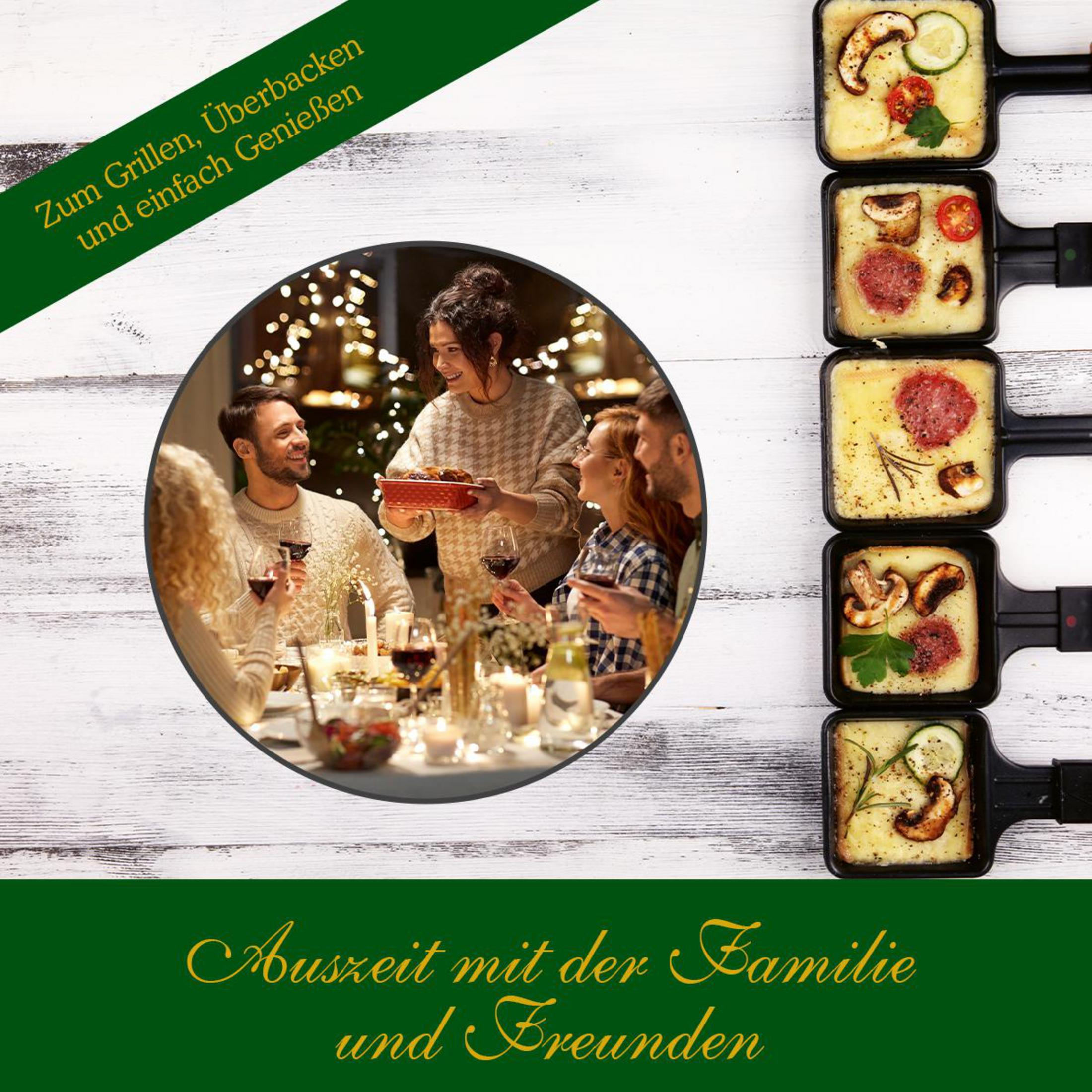 Gente disfrutando raclette. Arriba: texto. Abajo: texto. Derecha: sartenes raclette.