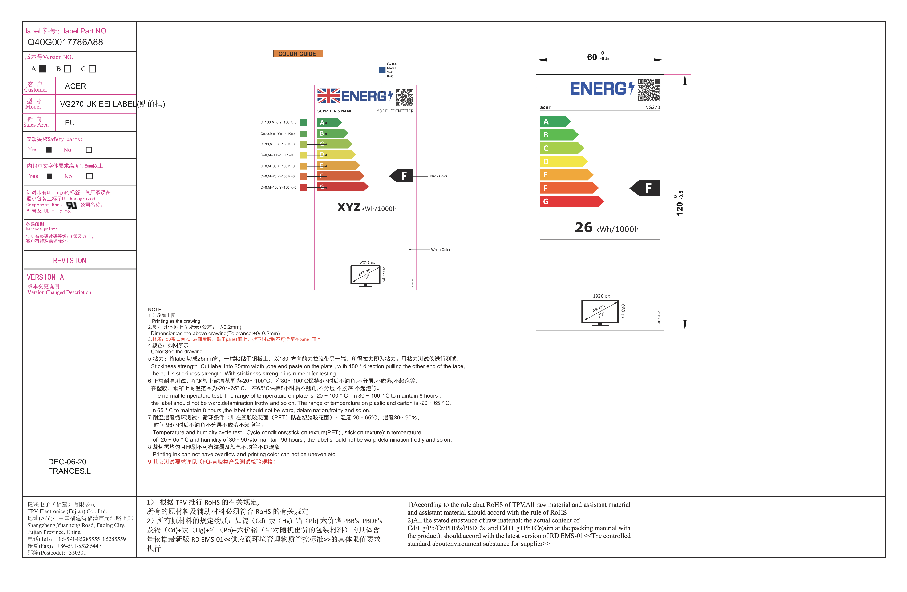 Etichetta efficienza energetica scala A-G, consumo 26 kWh/1000h, modello VG270.