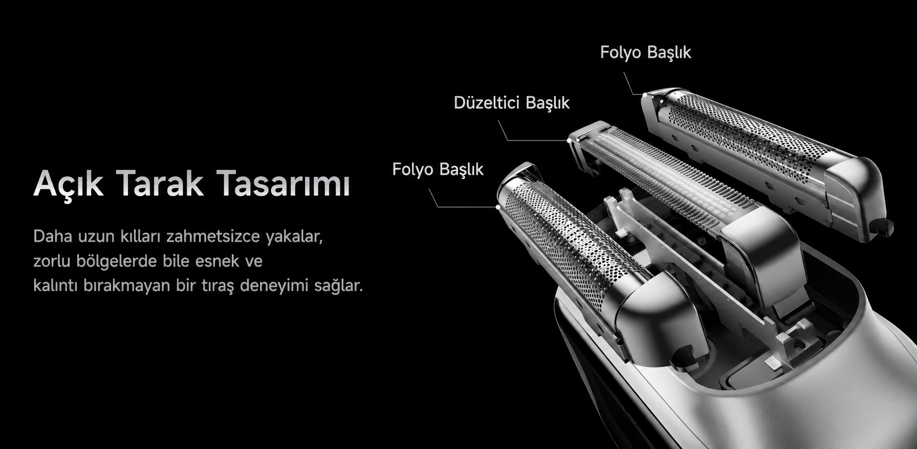 Tıraş başlıklarının yakın çekimi, 'Folyo Başlık' ve 'Düzeltici Başlık' etiketli.