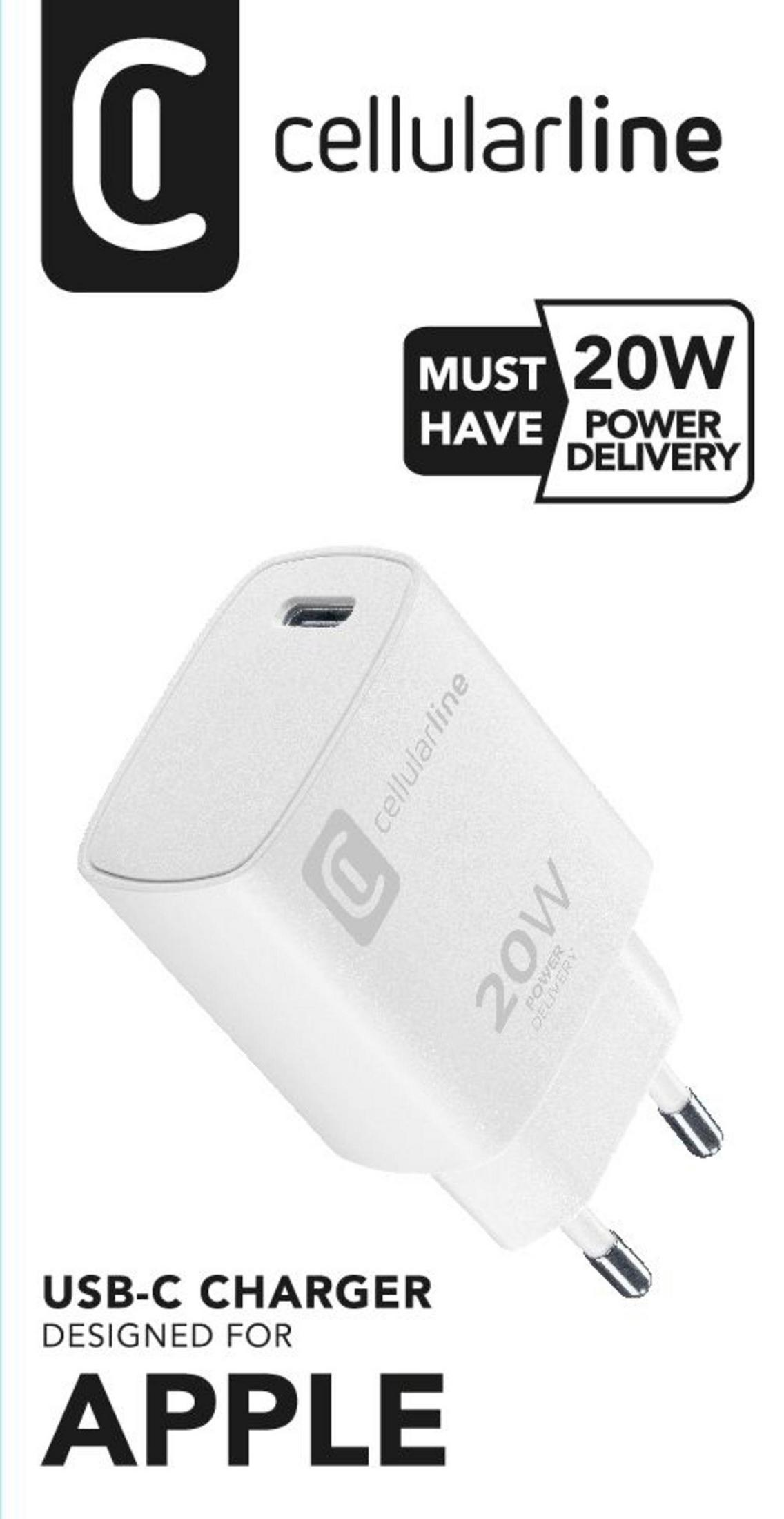 Cargador USB-C blanco de 20W de Cellularline, para Apple.