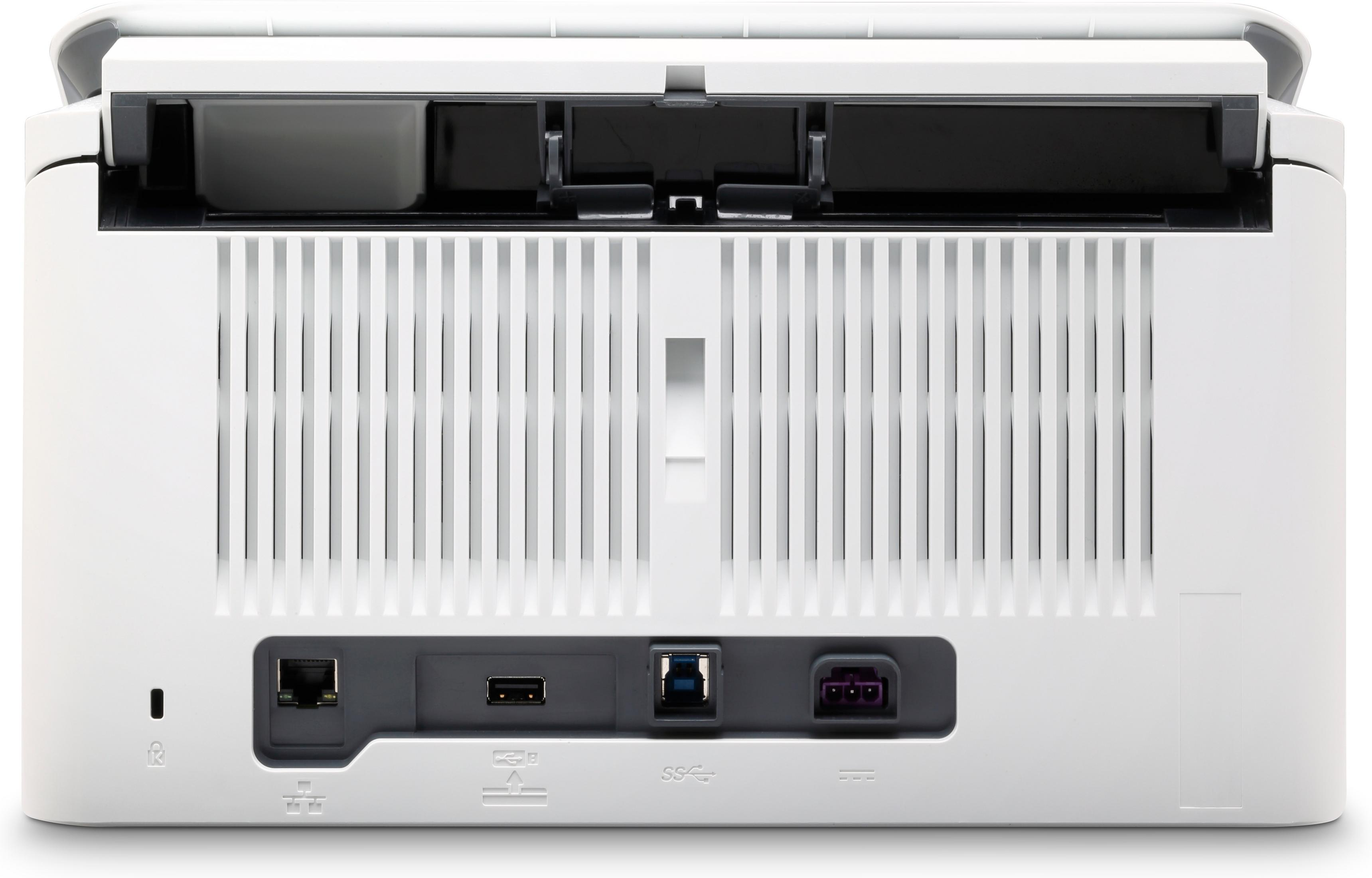 Retro di una stampante bianca con porte: Ethernet, USB e alimentazione.