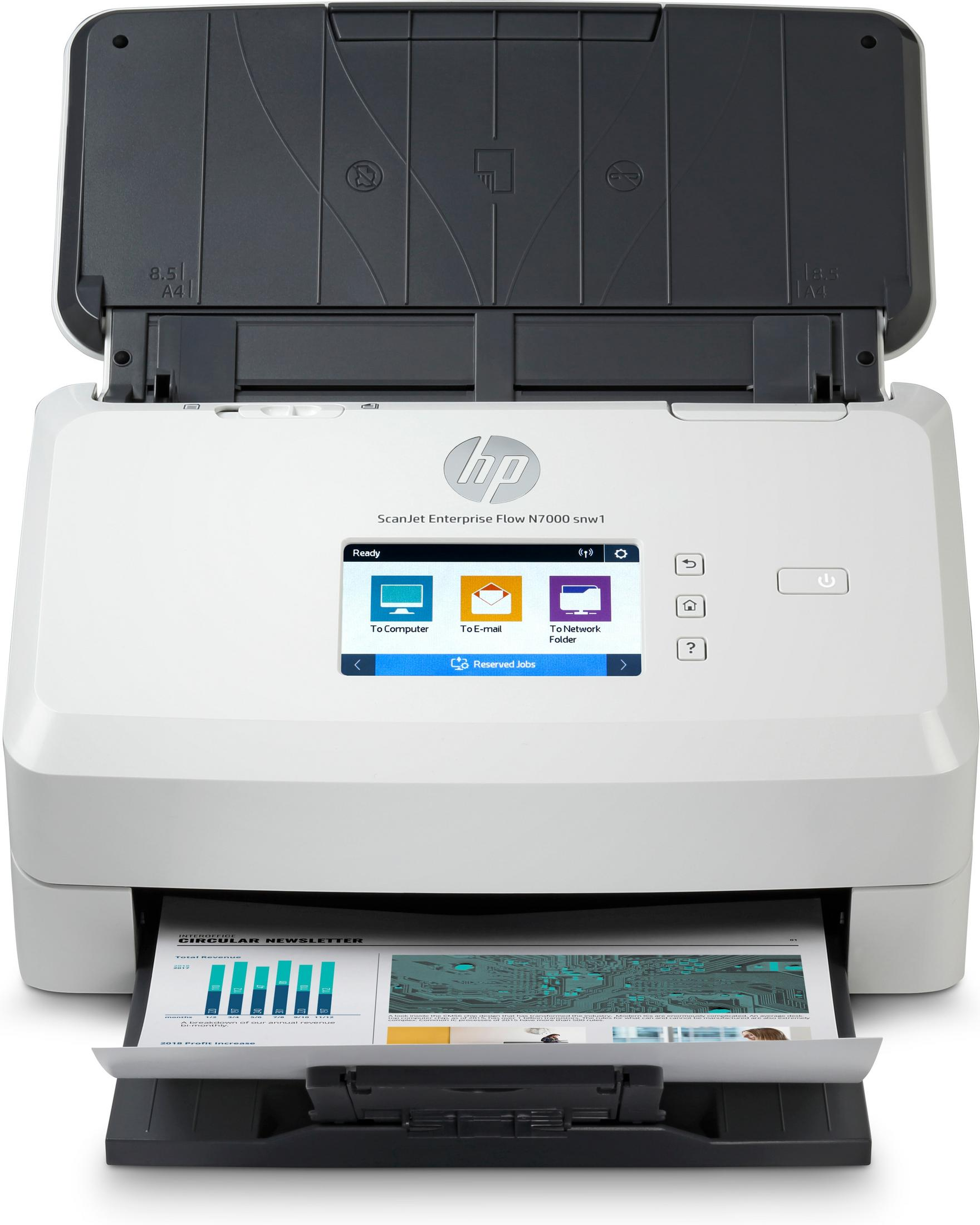 Scanner HP ScanJet Enterprise Flow N7000 snw1 con coperchio aperto, mostra il vassoio uscita.