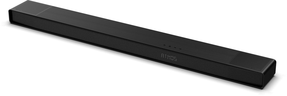 Ein schwarzer Soundbar mit "ATMOS"-Anzeige.
