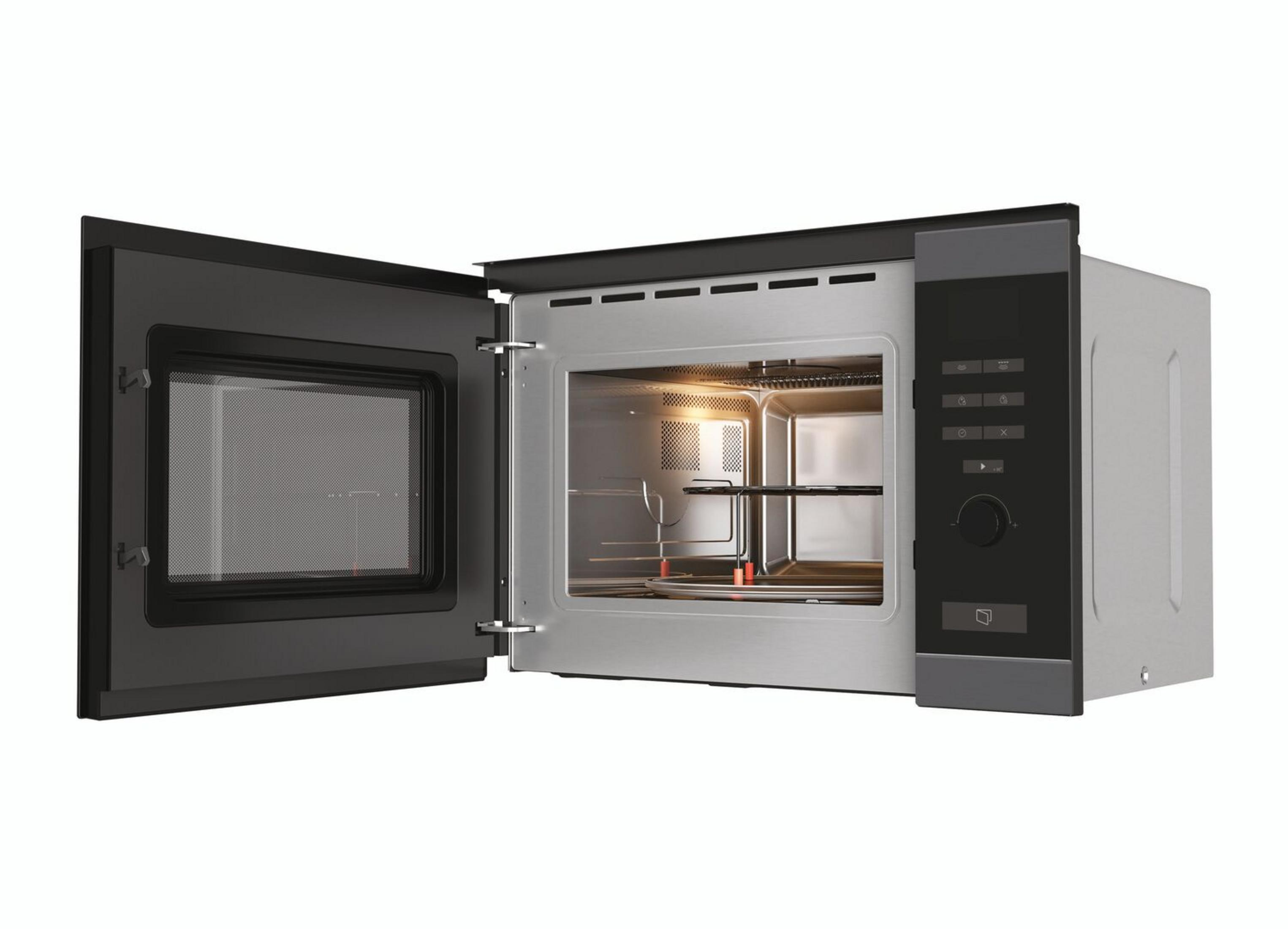 Un microondas empotrado de acero inoxidable abierto con puerta y panel negros.