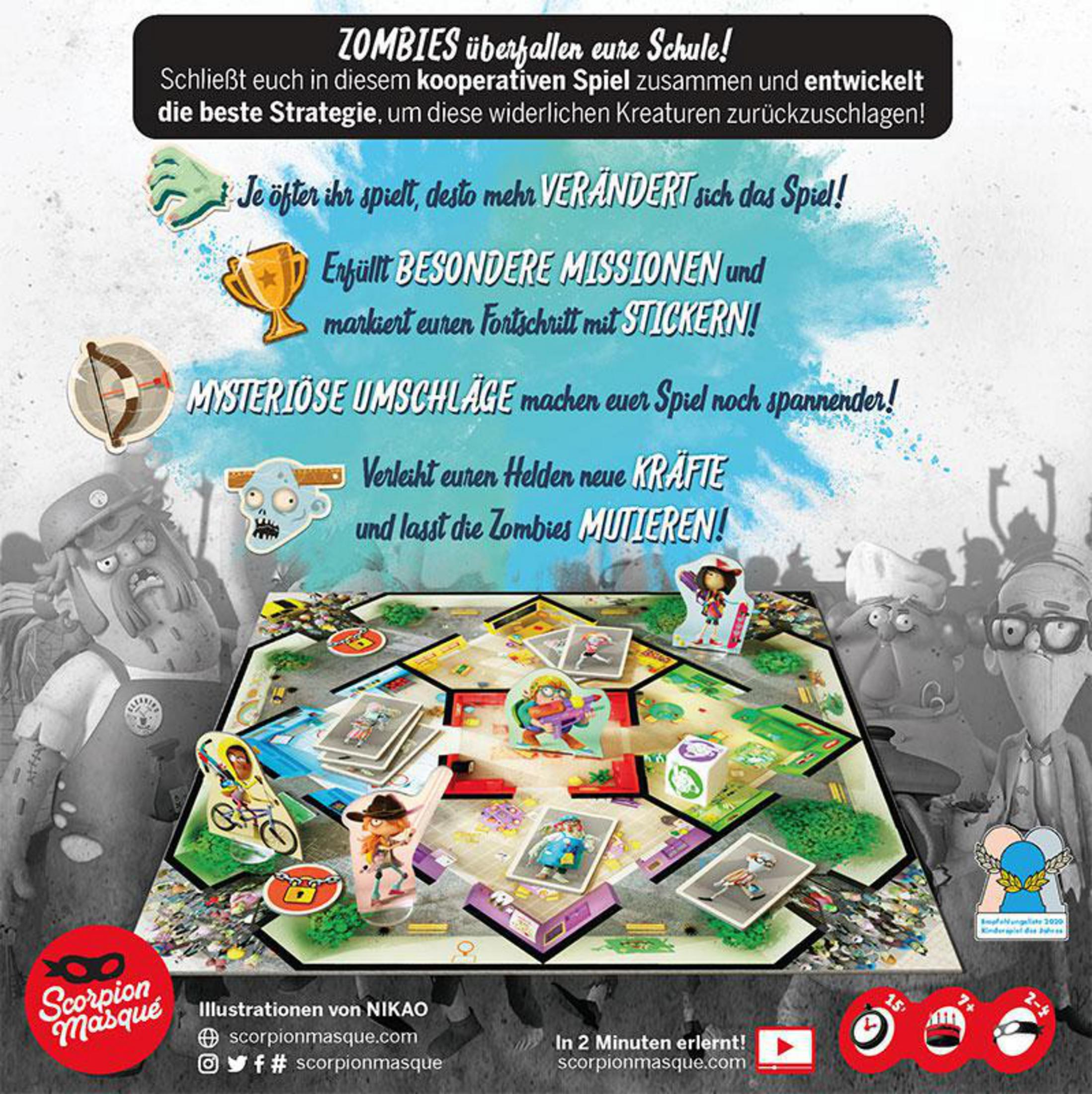 Brettspiel mit Zombie-Thema, illustriert mit Figuren und Spielbrett.