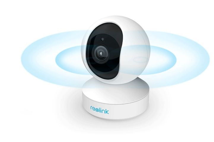 White security camera with blue signal waves on a white background.