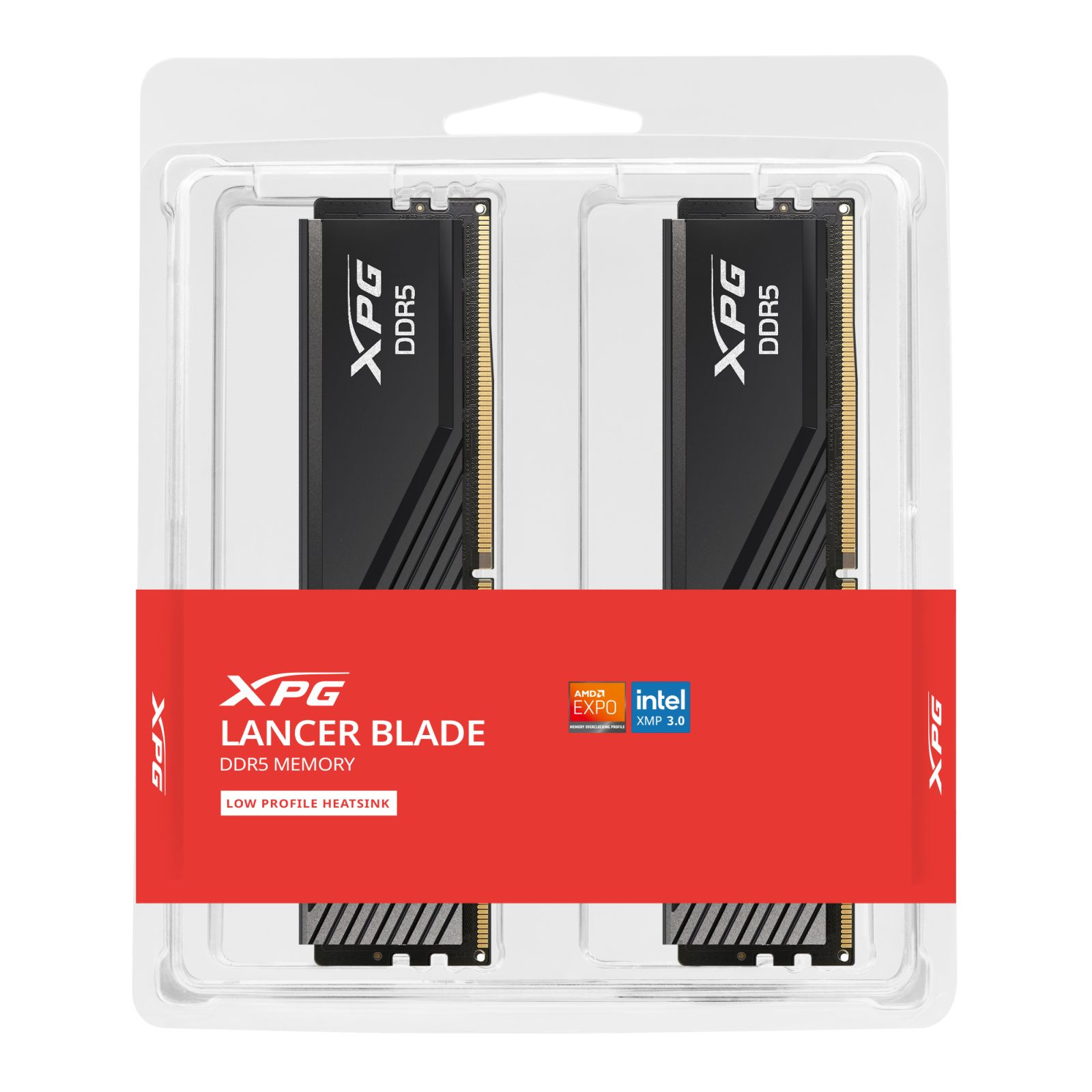 Due moduli RAM XPG DDR5 in confezione nera con accenti rossi.