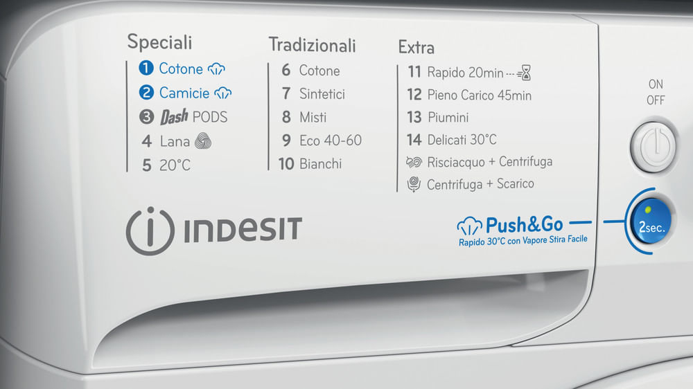 Pannello di controllo di una lavatrice bianca con programmi e pulsanti.