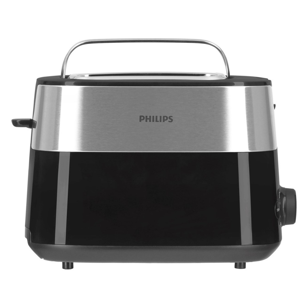 Srebrny i czarny toster Philips z rączką.