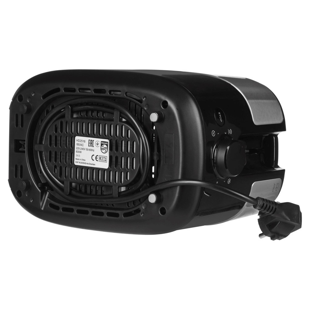 Tył czarnego Philips Airfryera z kablem i tabliczką znamionową.