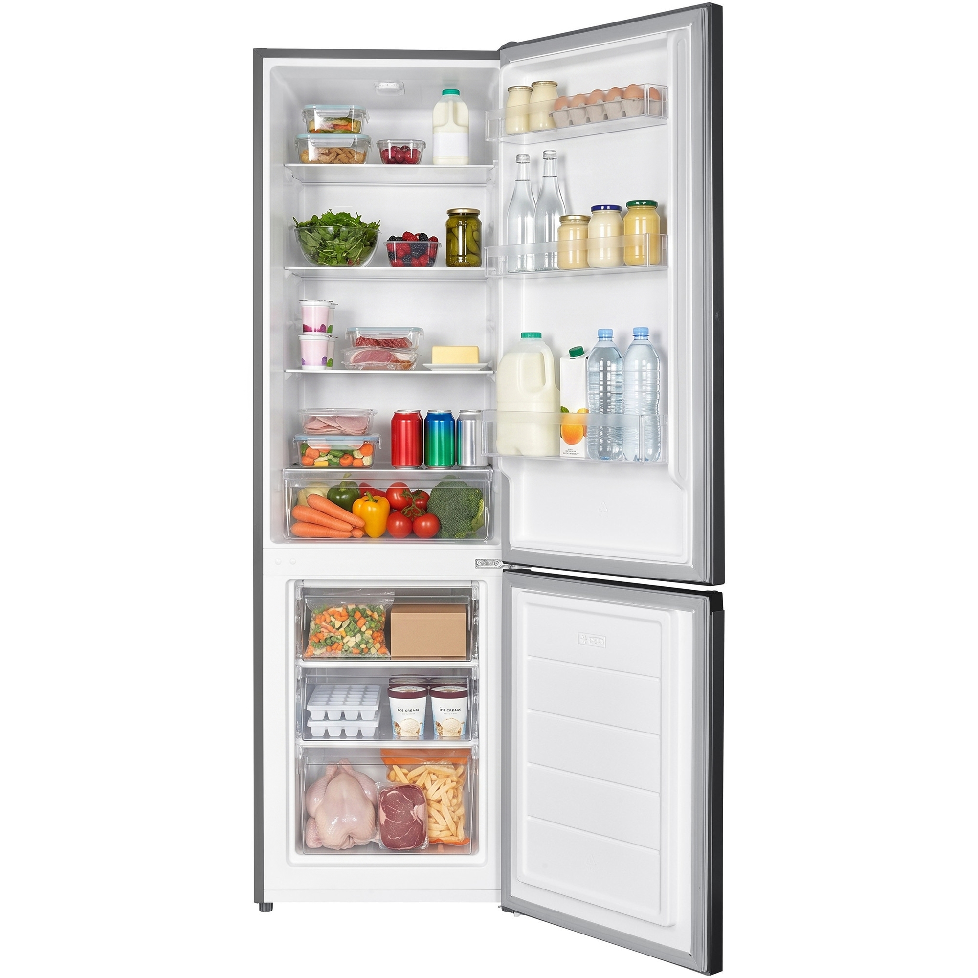 Offener Kühlschrank voller Lebensmittel: Huhn, Fleisch, Gemüse, Getränke, Eier und Eis.