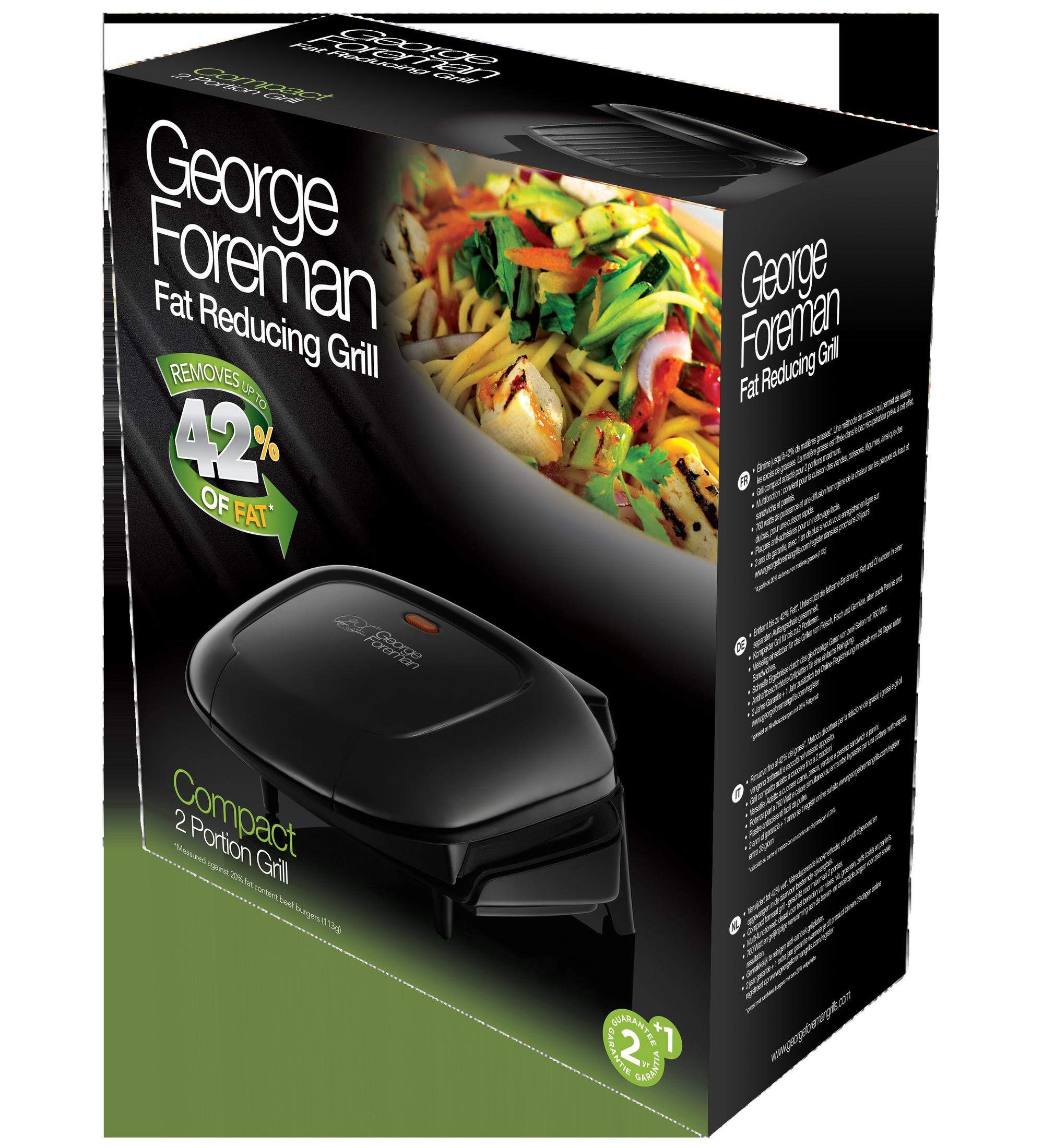 George Foreman Kompakt Izgara %42 yağ azaltma özellikli, ızgara yemekli.