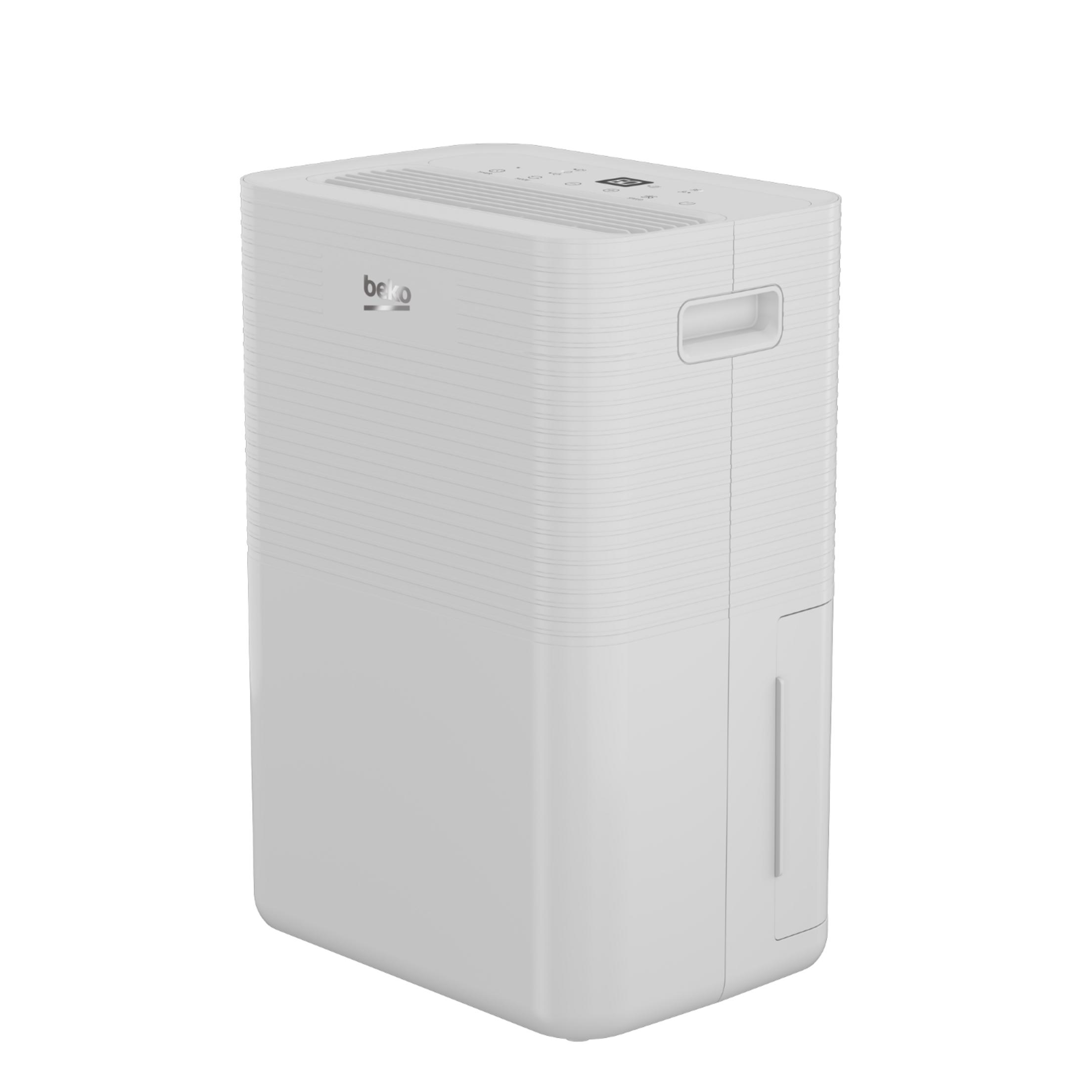 Ein weißer Beko-Luftentfeuchter mit Griff und Wasserbehälter.