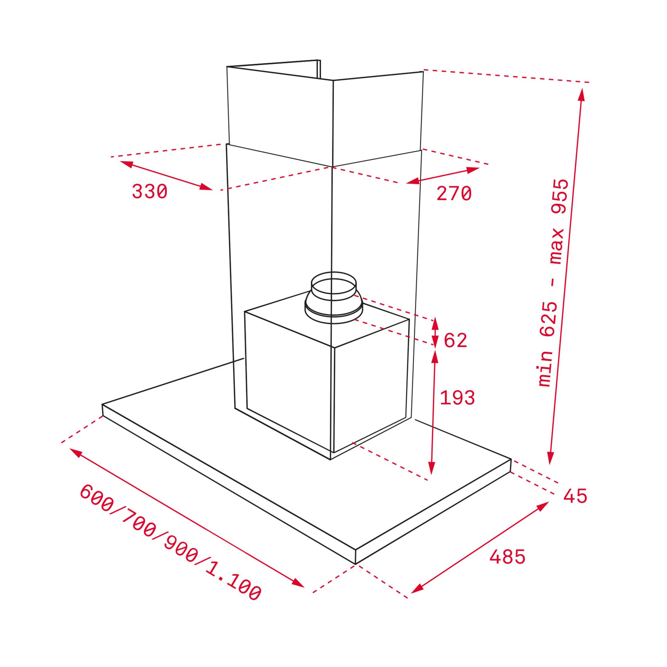 Dibujo técnico de una campana extractora con dimensiones.