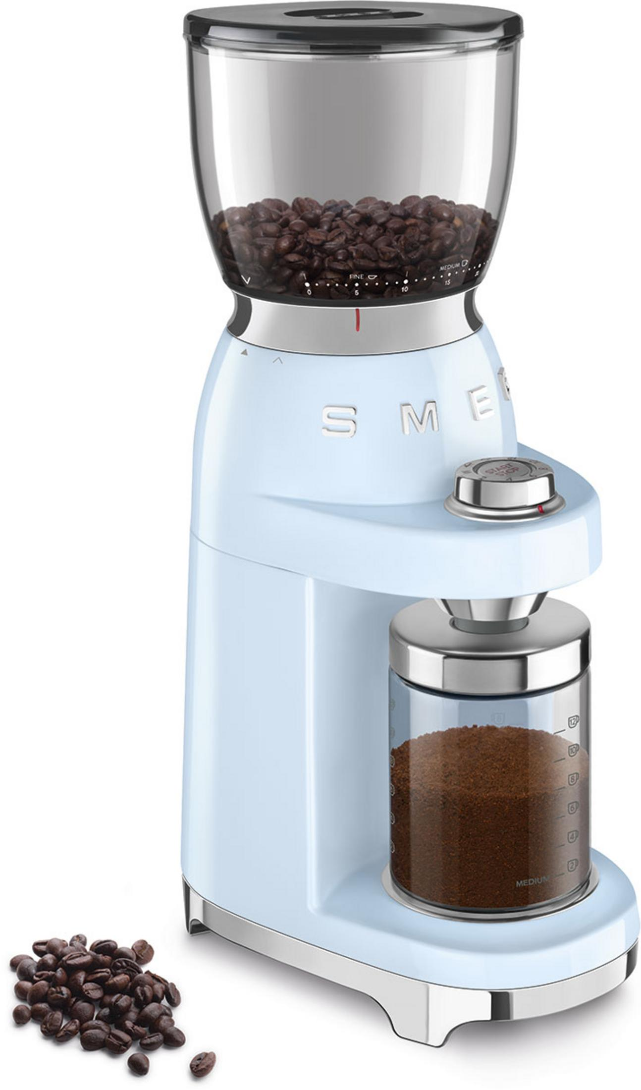 Light blue coffee grinder with glass containers for beans and ground coffee.
