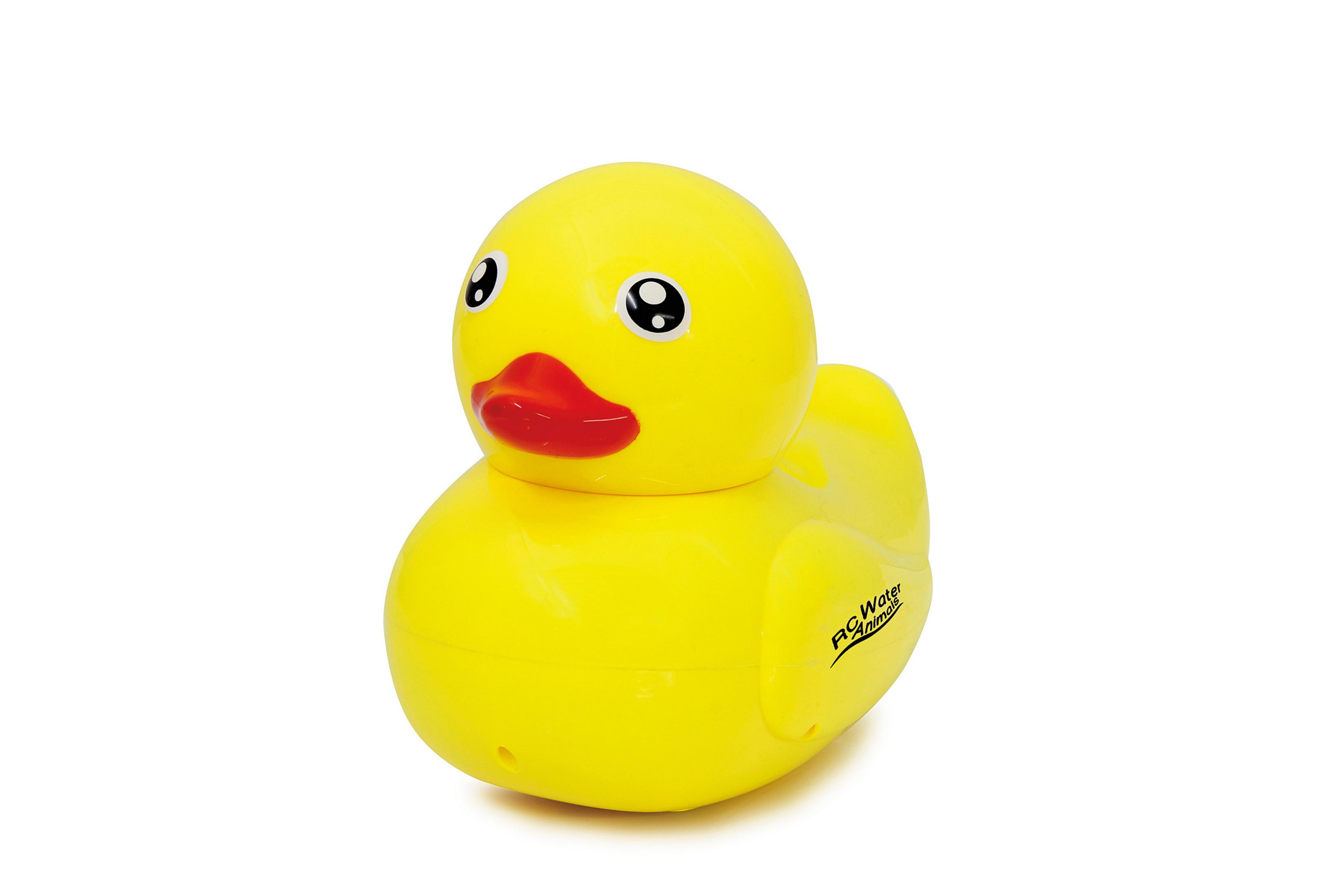 Eine gelbe Gummi-Ente mit großen Augen und rotem Schnabel vor weißem Hintergrund.