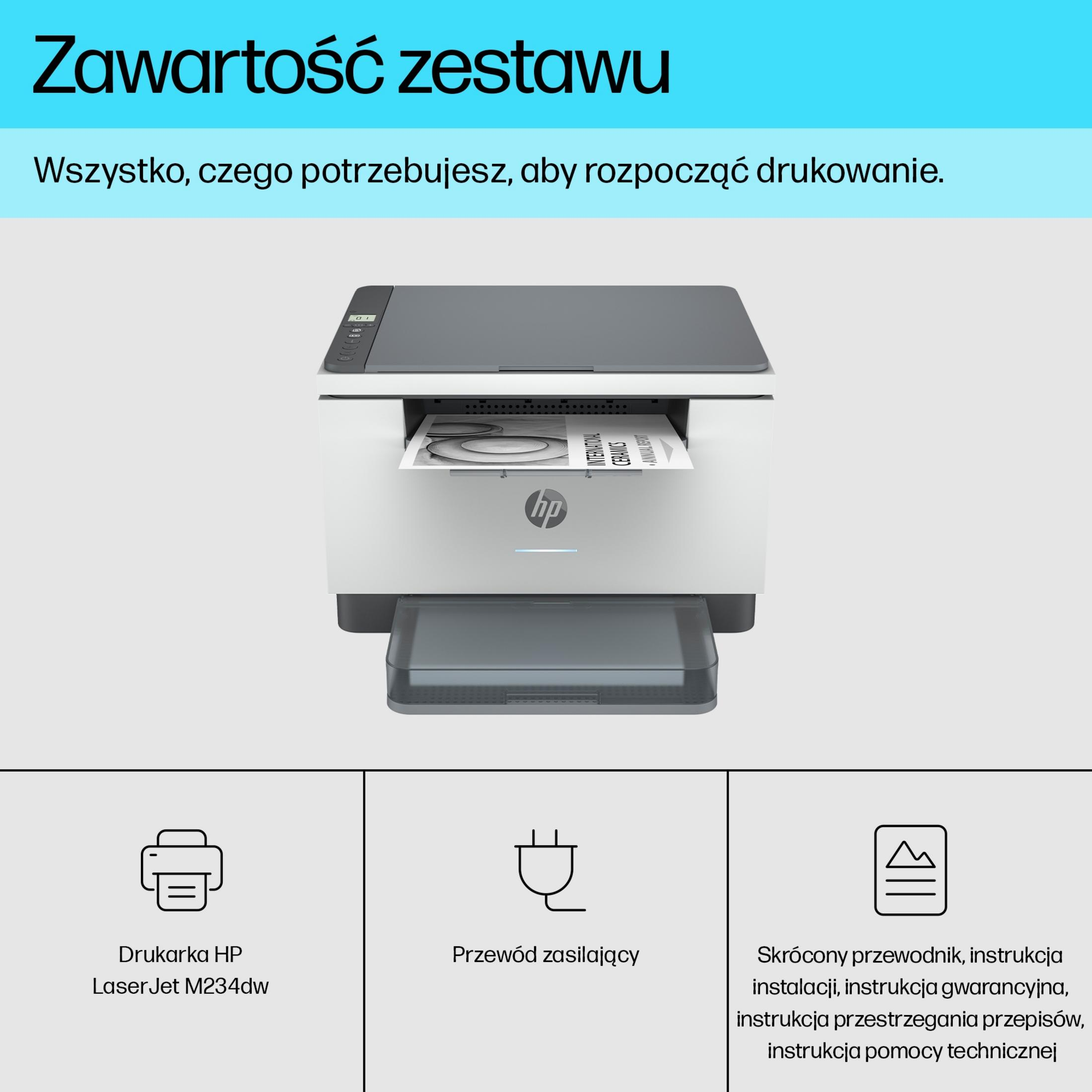 Een HP LaserJet M234dw printer met papier en netsnoer.