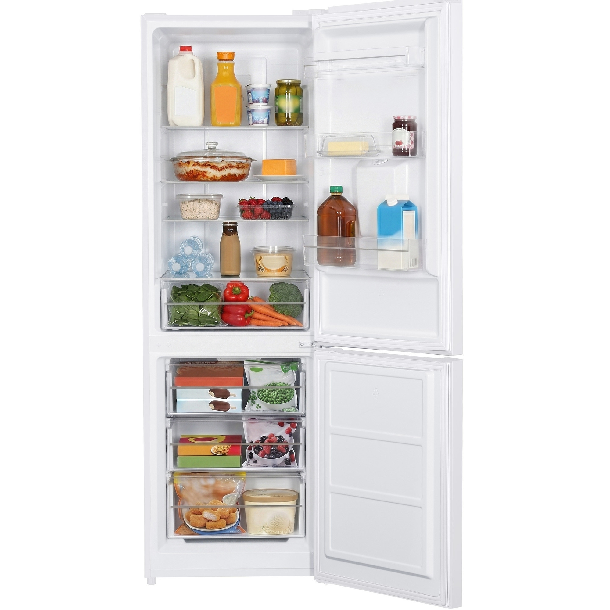 An open white refrigerator filled with food items like milk, juice, vegetables, frozen foods, and ice cream.