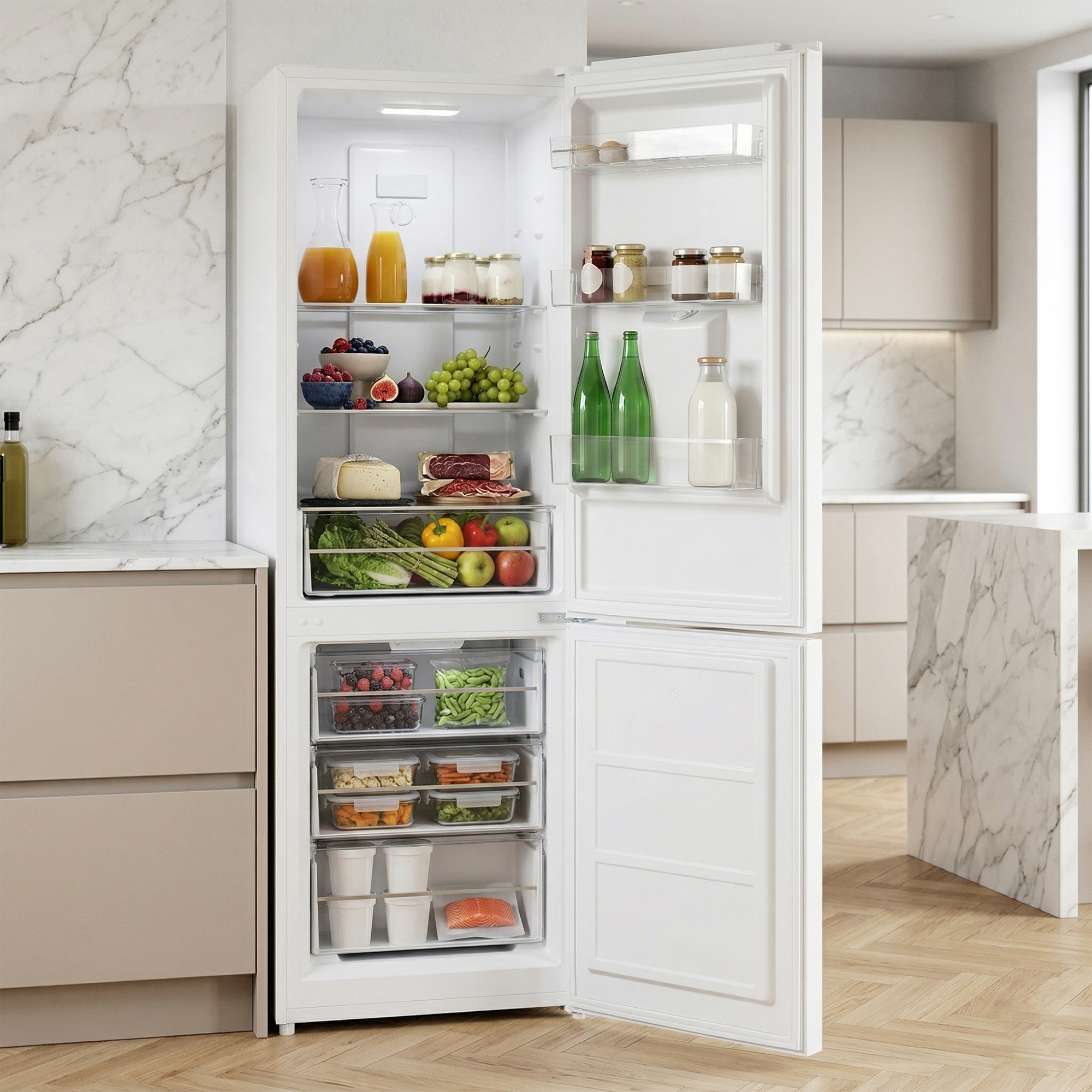 Open refrigerator filled with food: fruit, vegetables, cheese, meat, drinks, and containers.