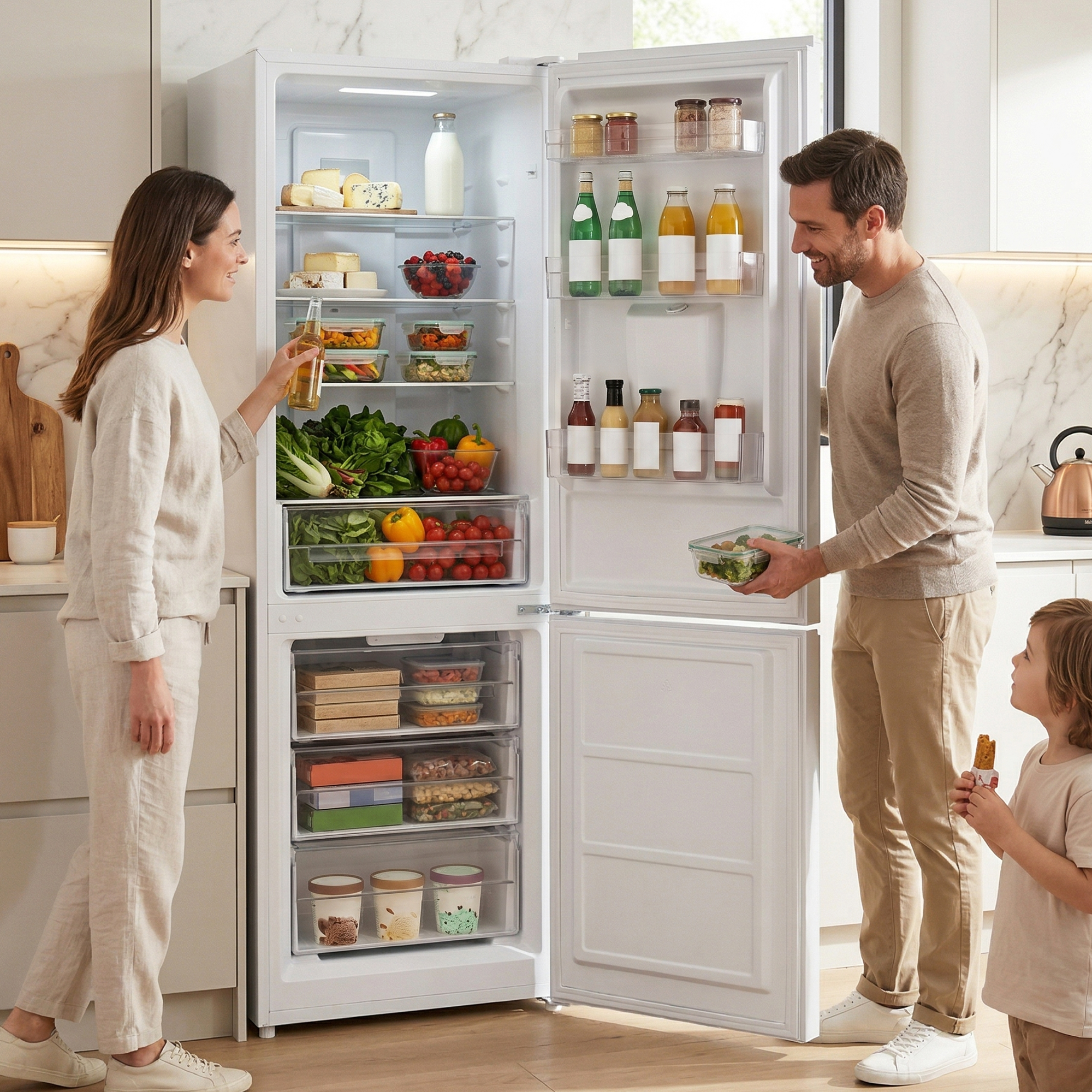A family stands before an open refrigerator filled with food. A man and child look inside.