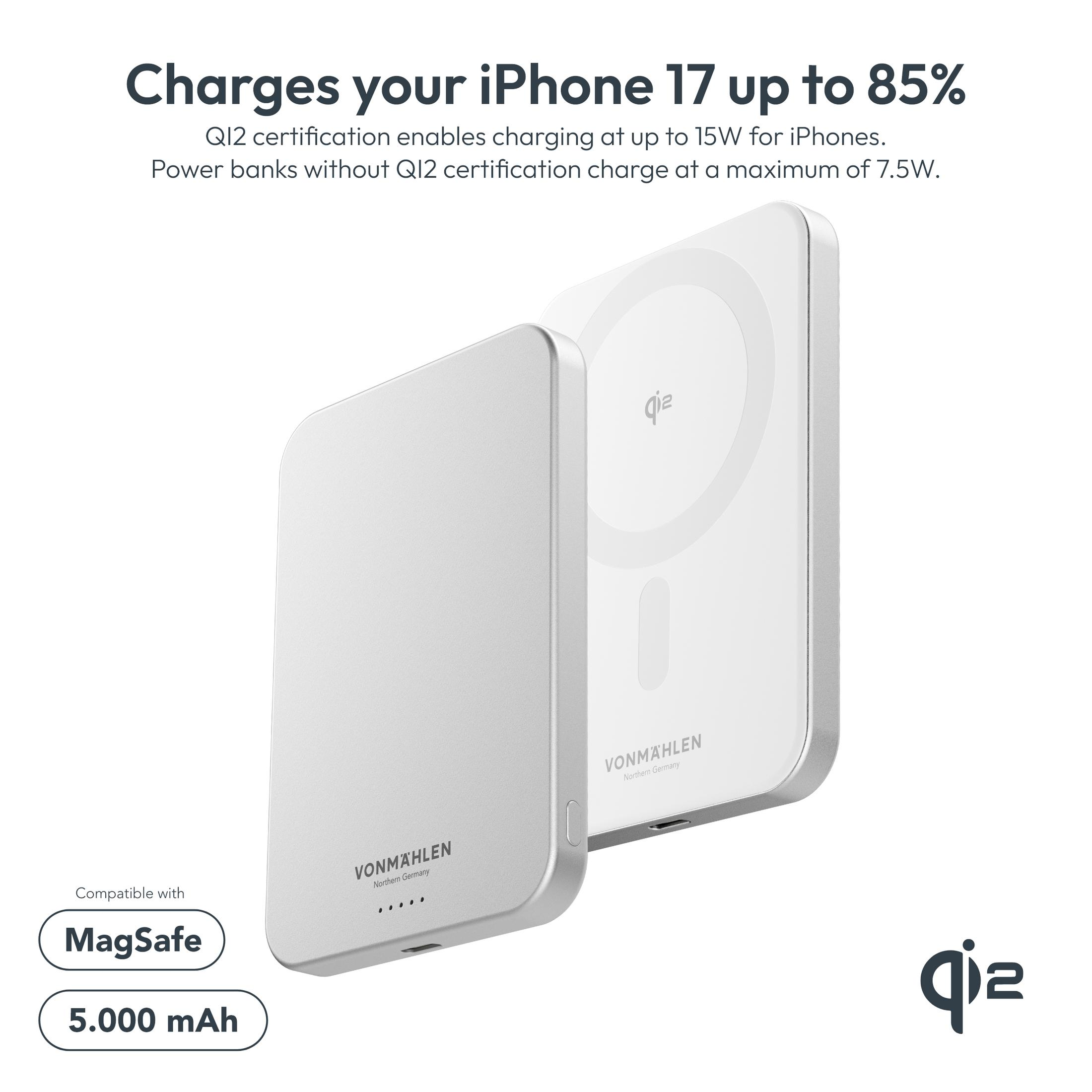 Due caricabatterie bianchi certificati Qi2, uno davanti, uno dietro. Compatibile MagSafe.
